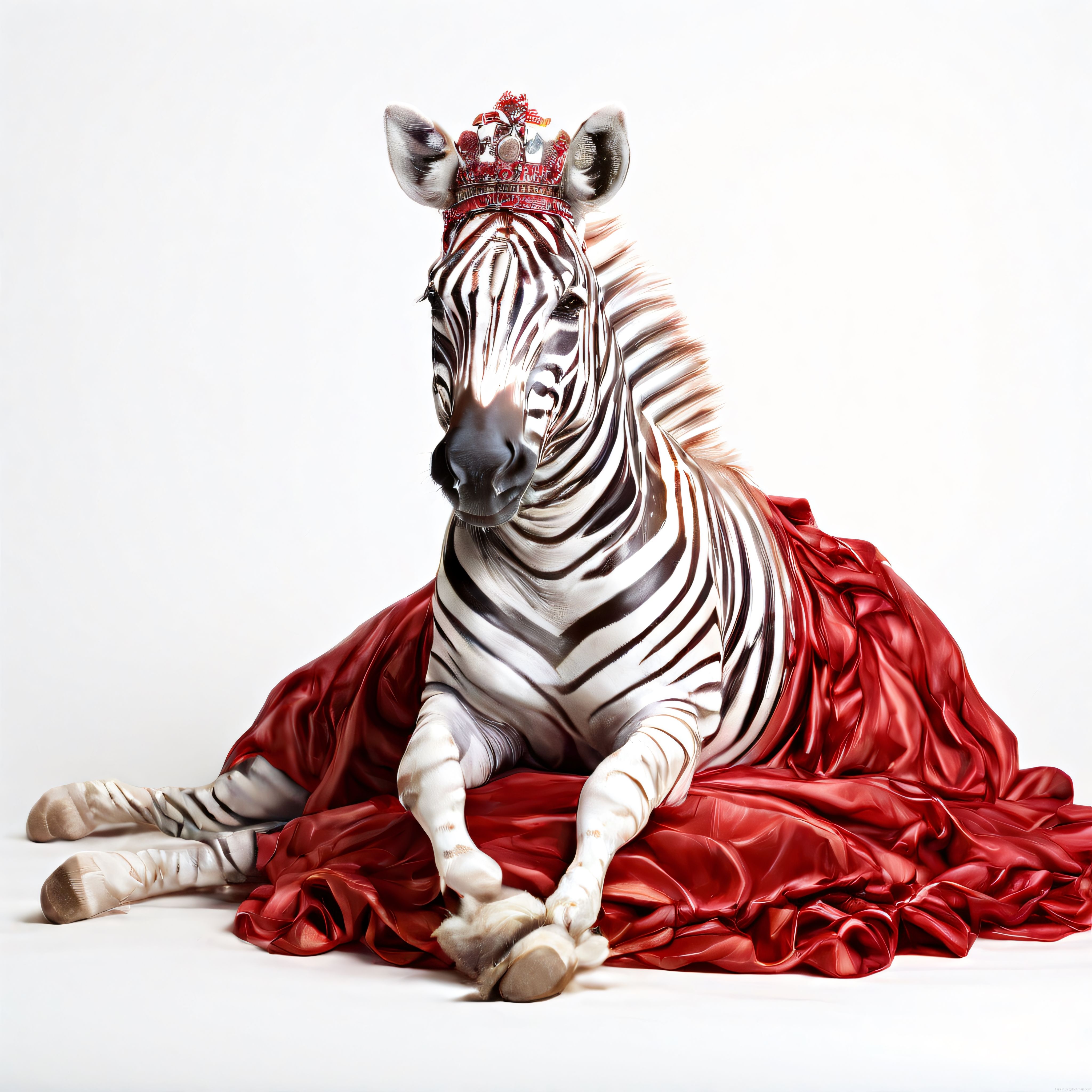 Taç takmış kırmızı ipek pelerin içindeki zebra: Sanatsal kraliyet portresi