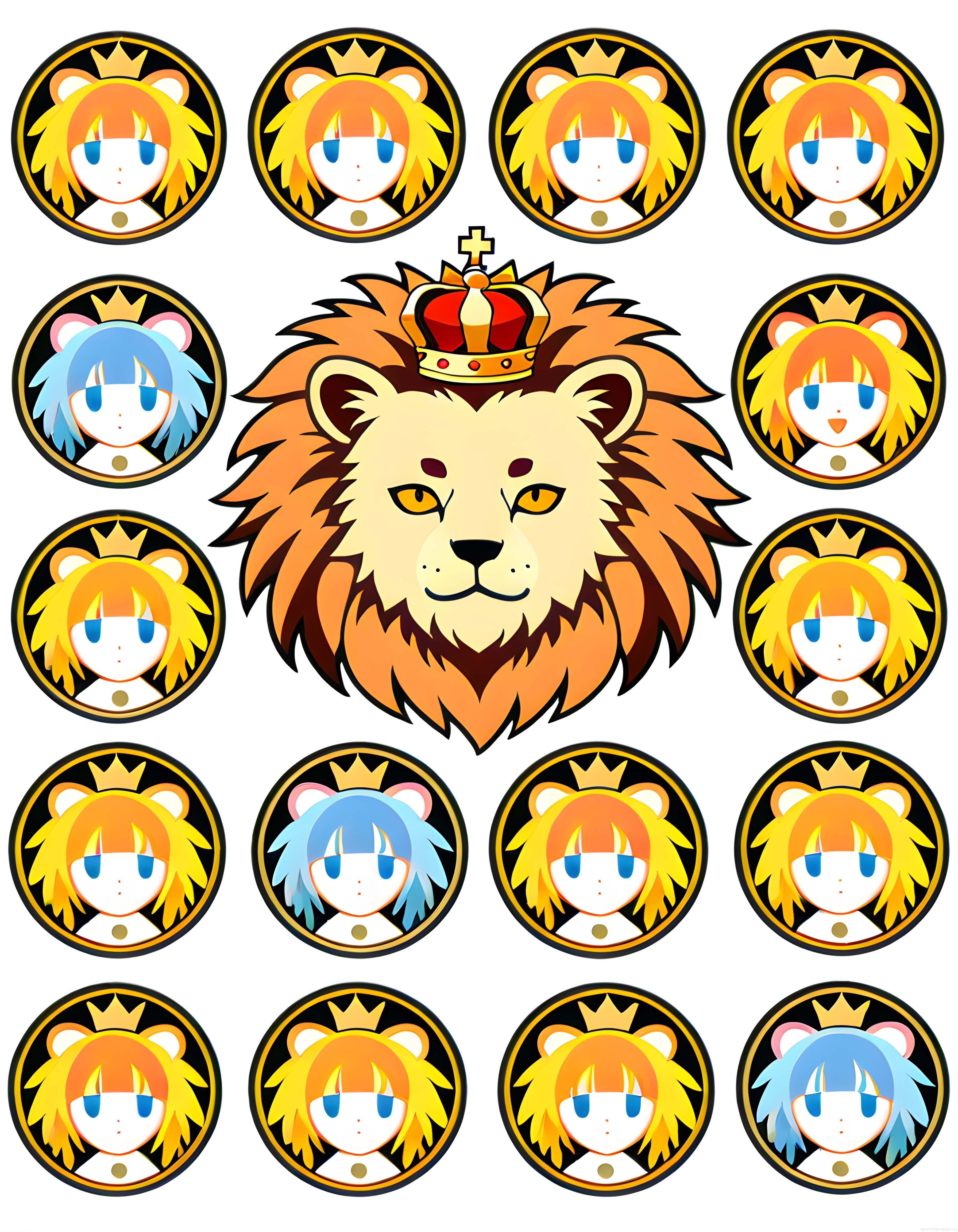 Taçlı Aslan Kral ve Sevimli Anime Kız Karakterleri Dijital Sticker Seti