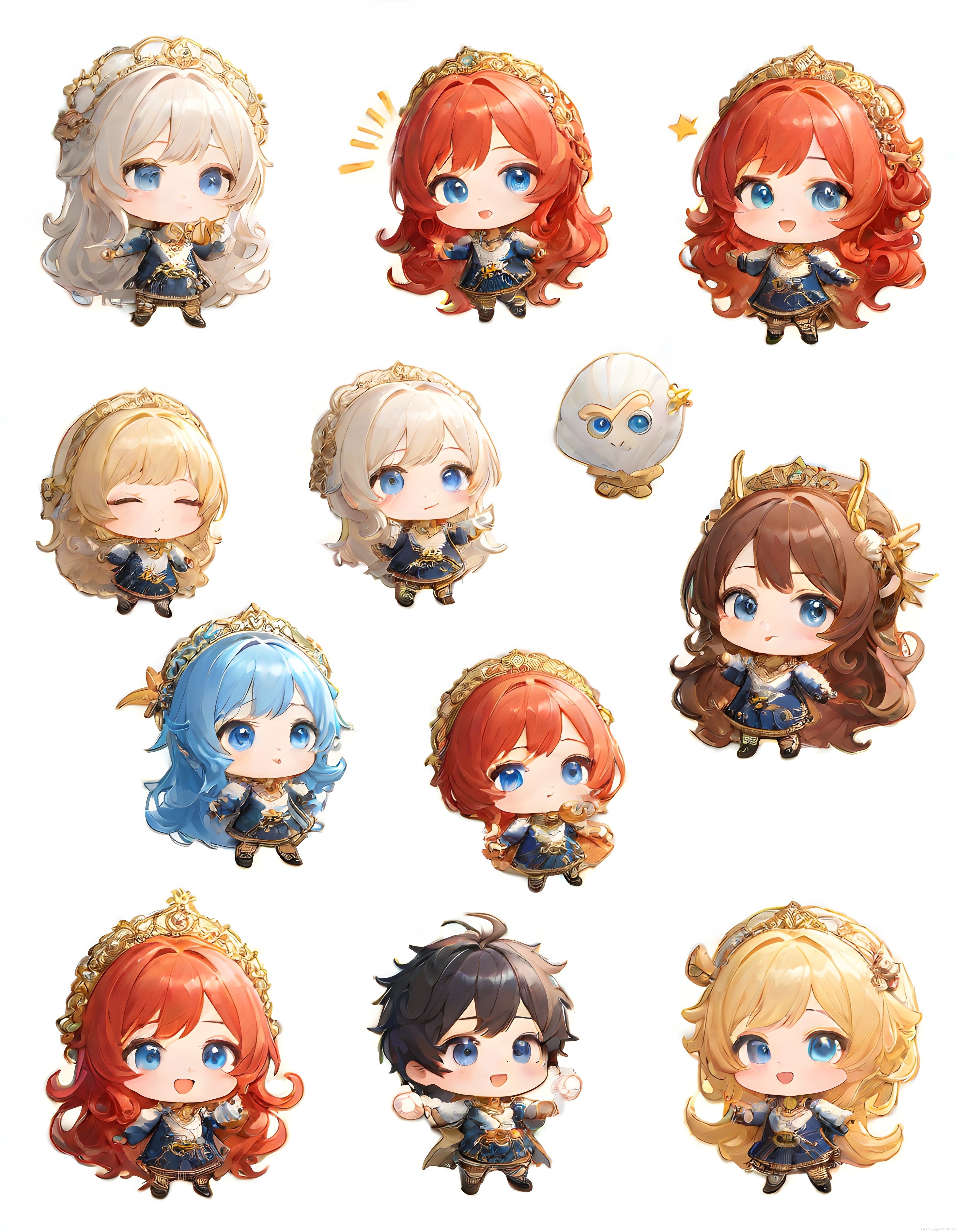 Taçlı, lacivert kostümlü chibi karakterlerin çıkartma seti