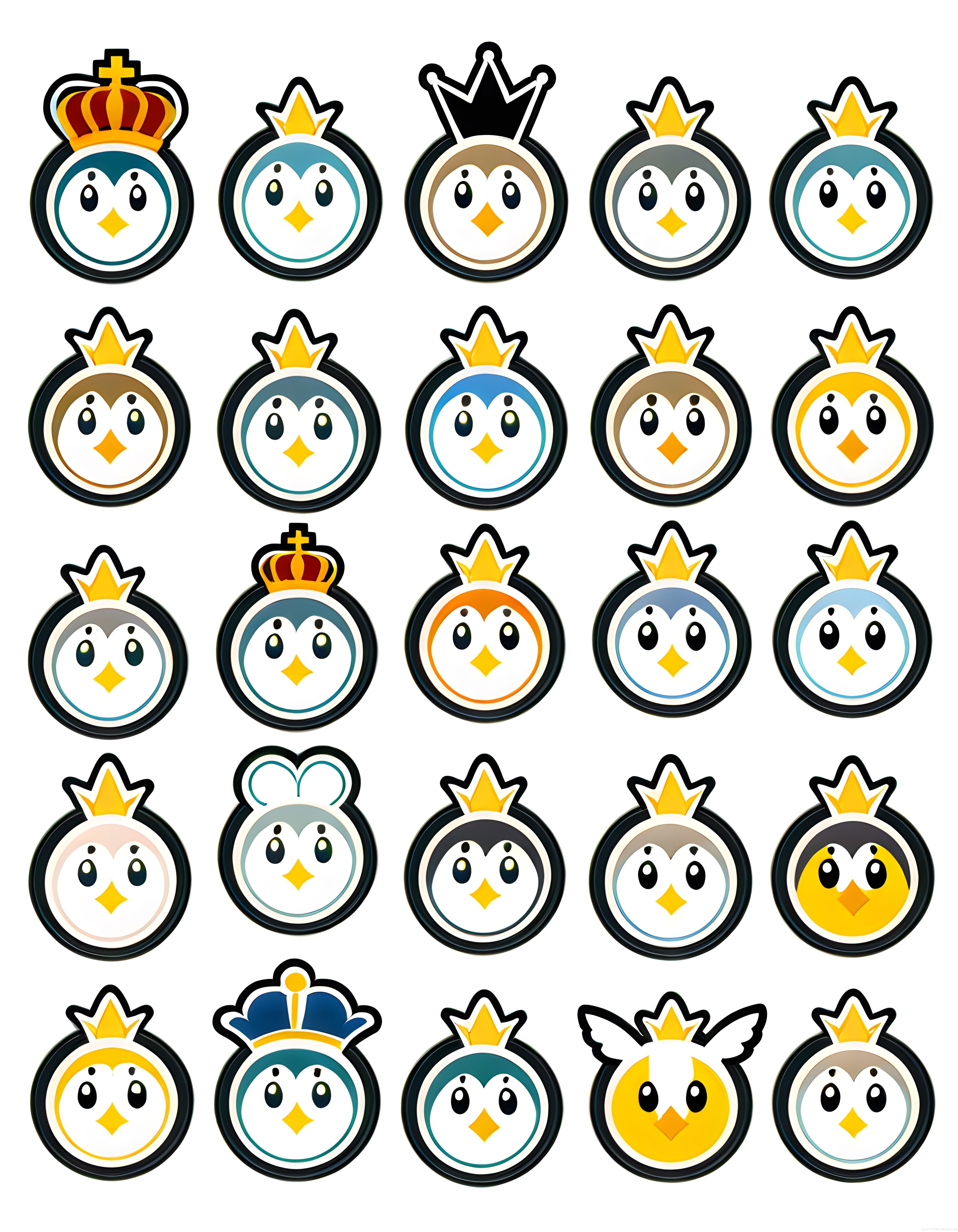 Taçlı Sevimli Penguen Avatar Seti ve Dijital Karakter Koleksiyonu