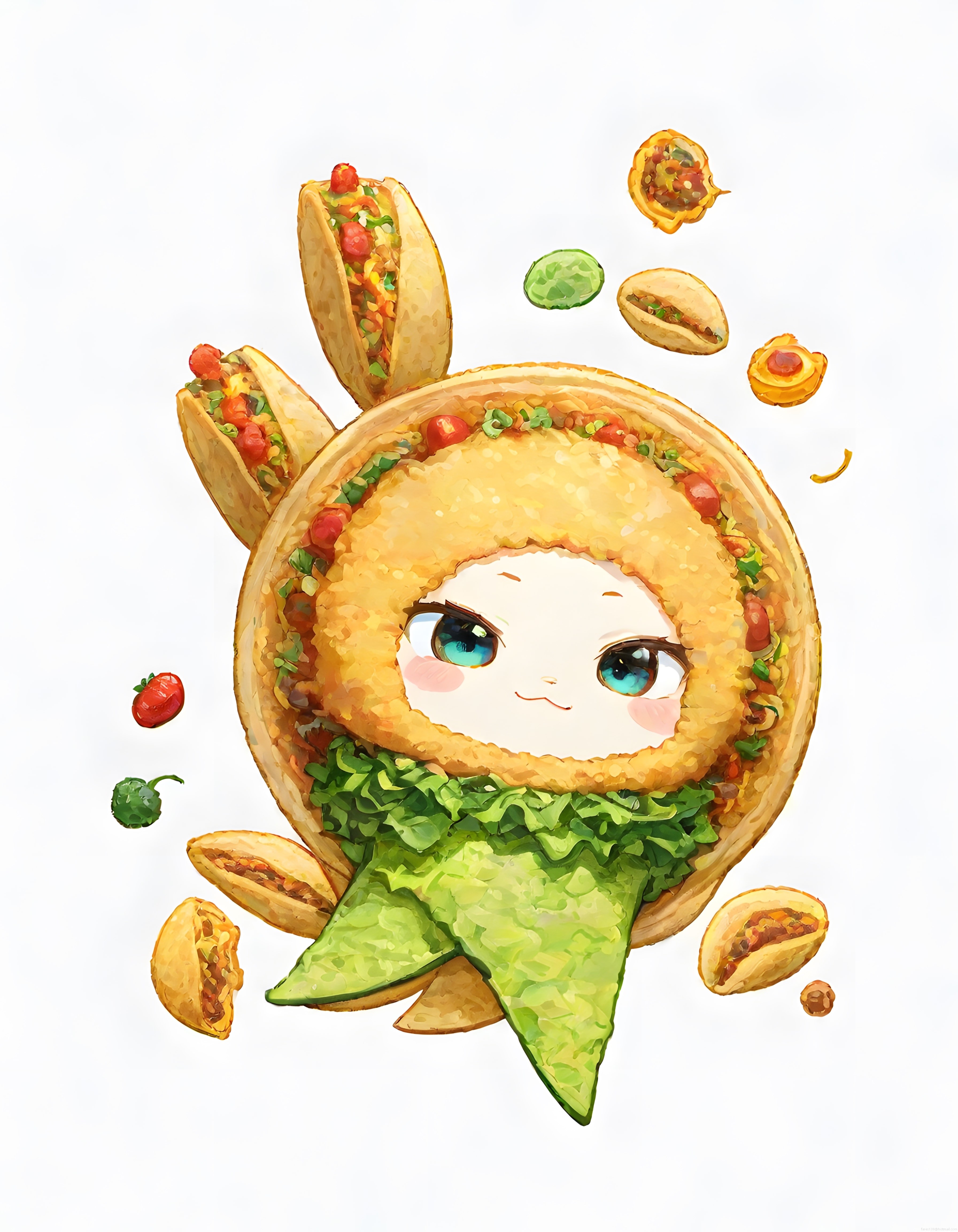 Taco Kostümlü Sevimli Anime Karakter: Dijital Yemek Maskot İllüstrasyonu