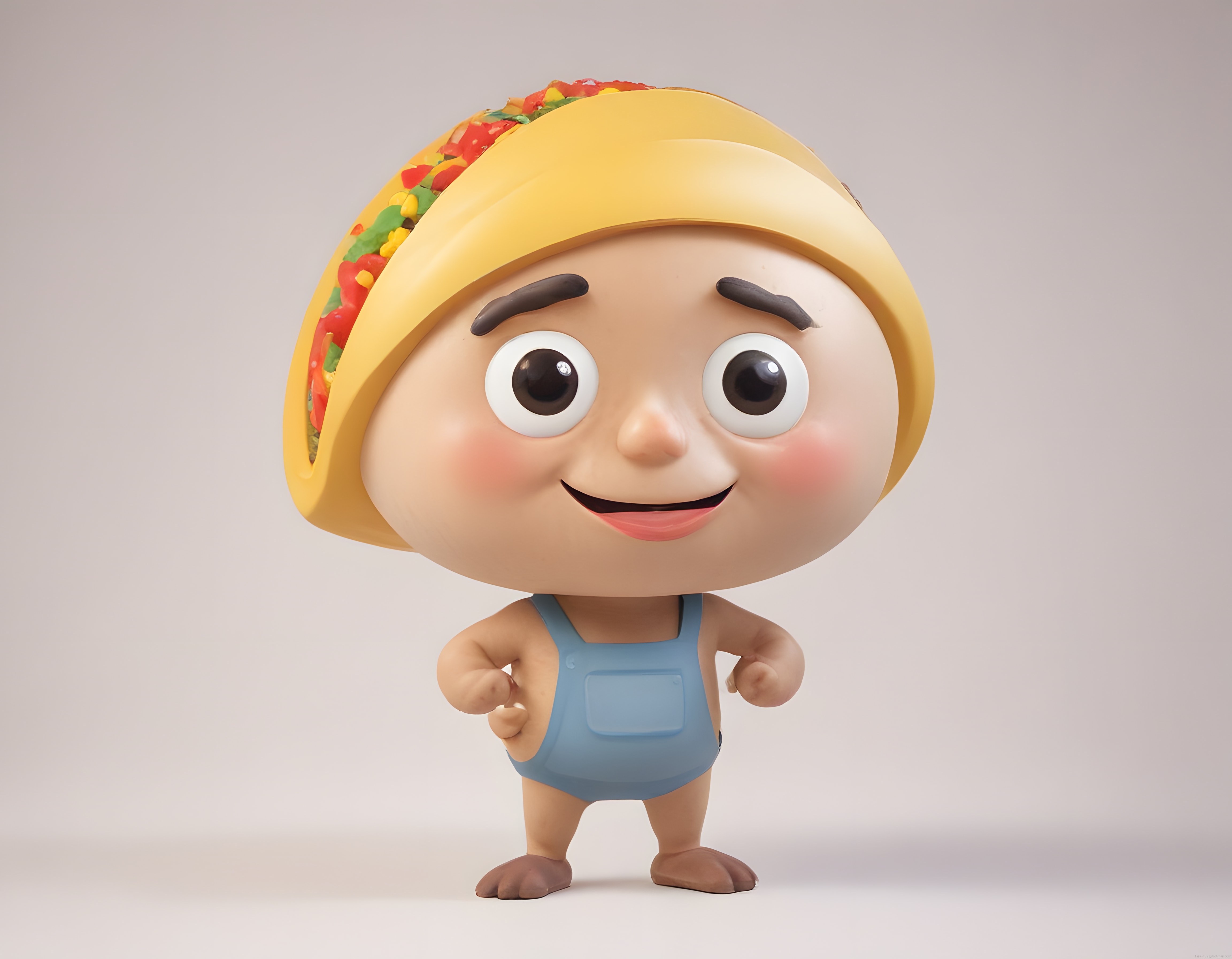 Taco Şapkalı Sevimli 3D Animasyon Karakteri ve Mavi Tulumlu Esnek Figür Tasarımı