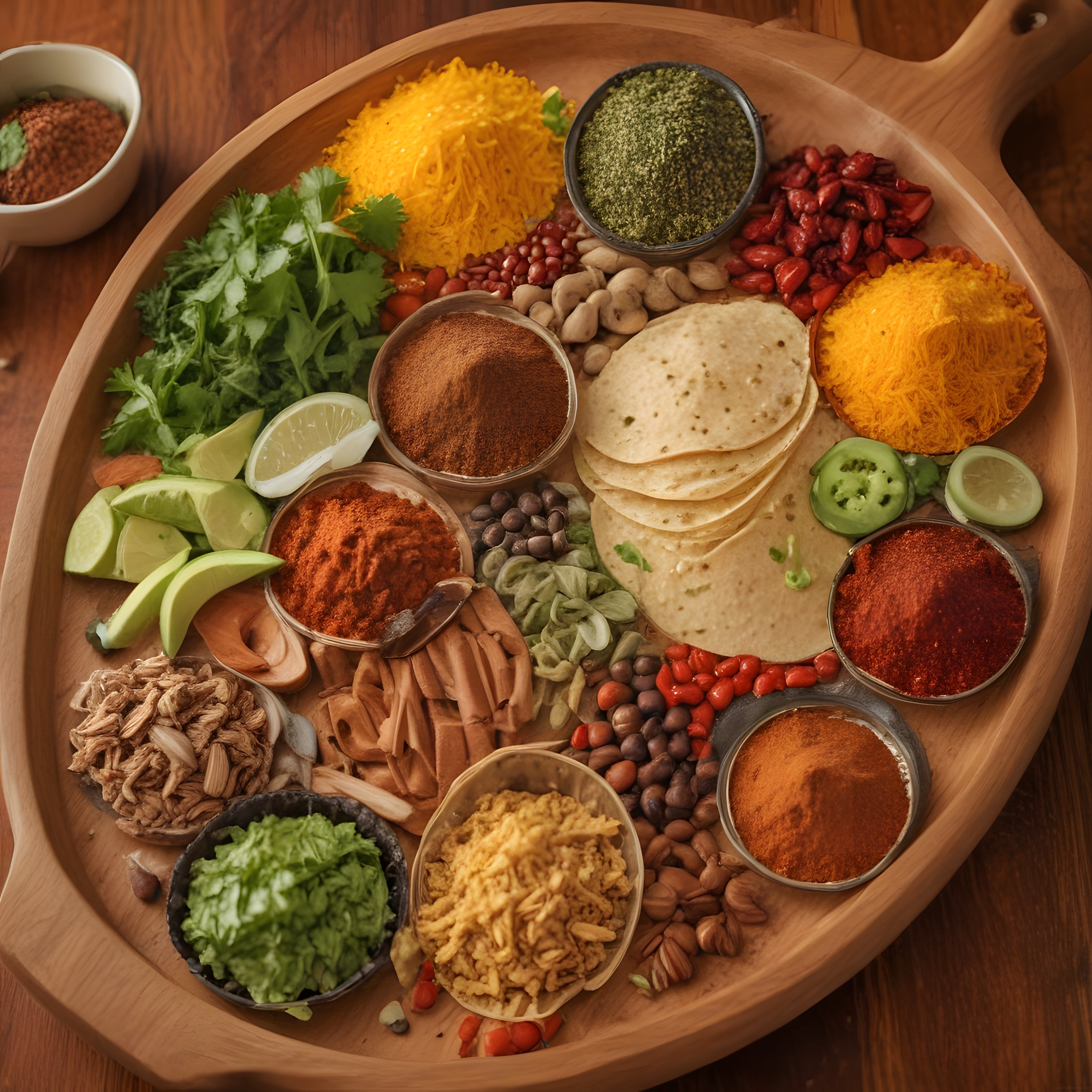 taco ve burrito hazırlığı için meksika mutfağı malzeme tepsisi üstten görünüm