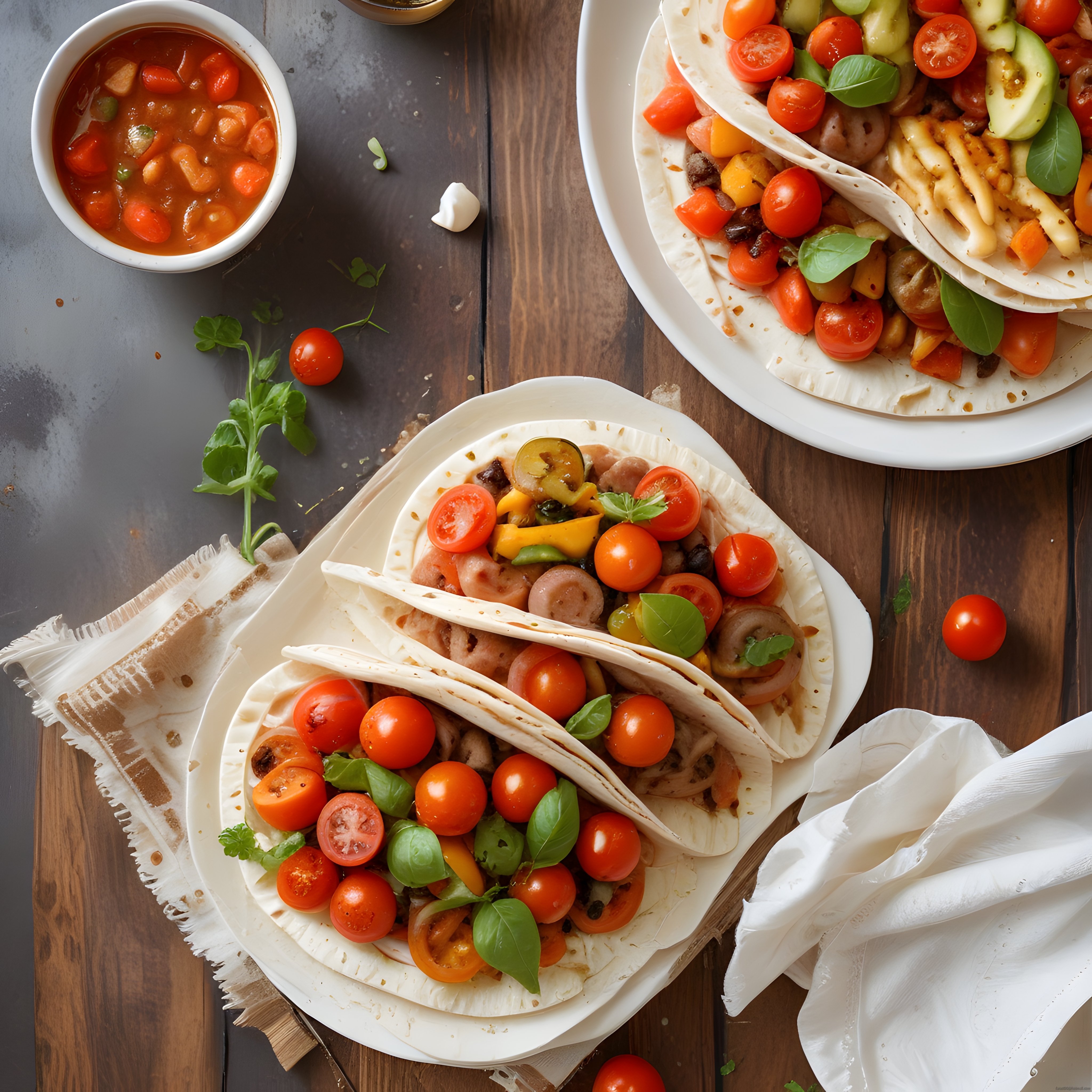 Taco ve Domates Çorbası: Rustik Ahşap Masada Renkli Meksika Lezzetleri