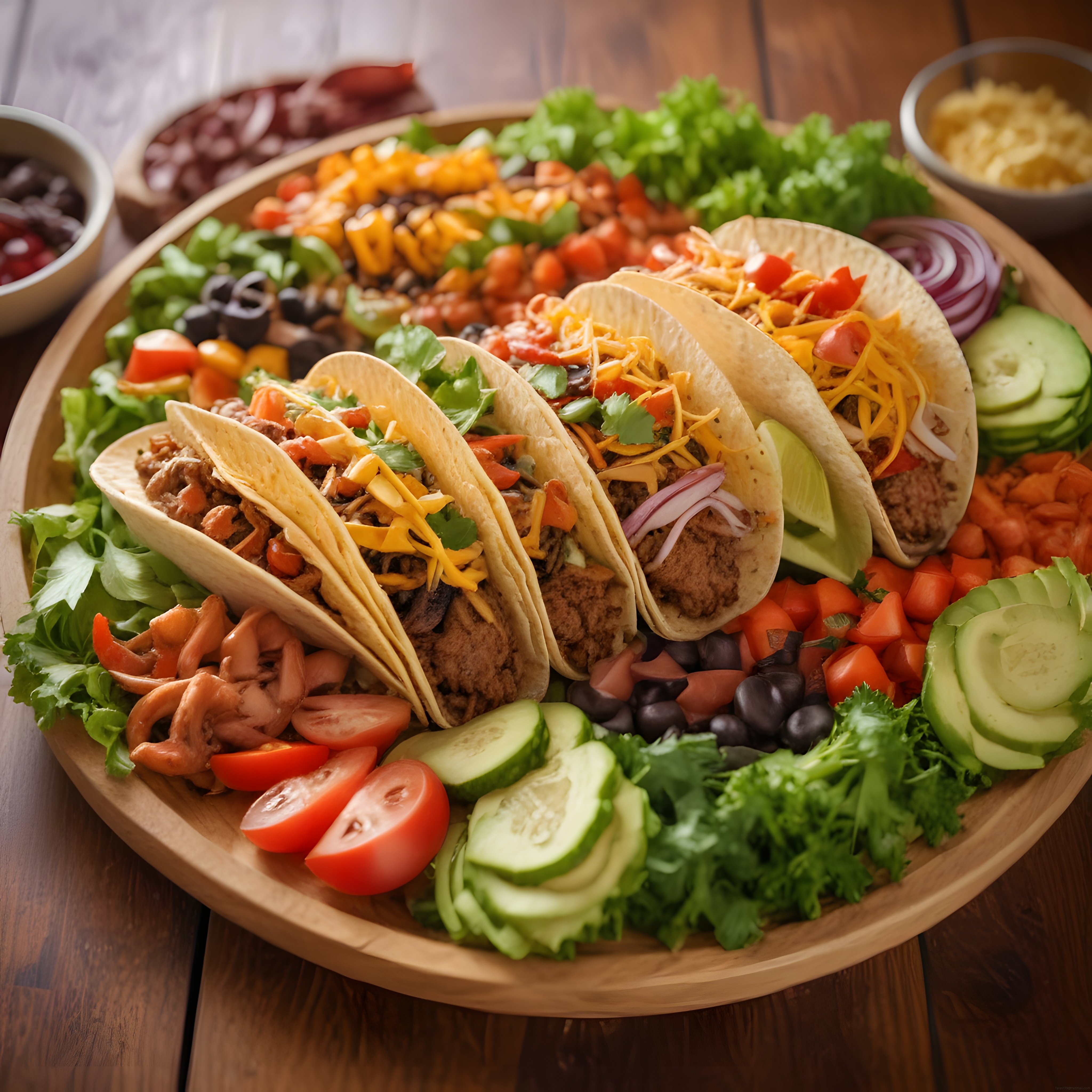 Taco ve Taze Sebzelerle Dolu Meksika Tarzı Lezzetli Sunum Tabağı