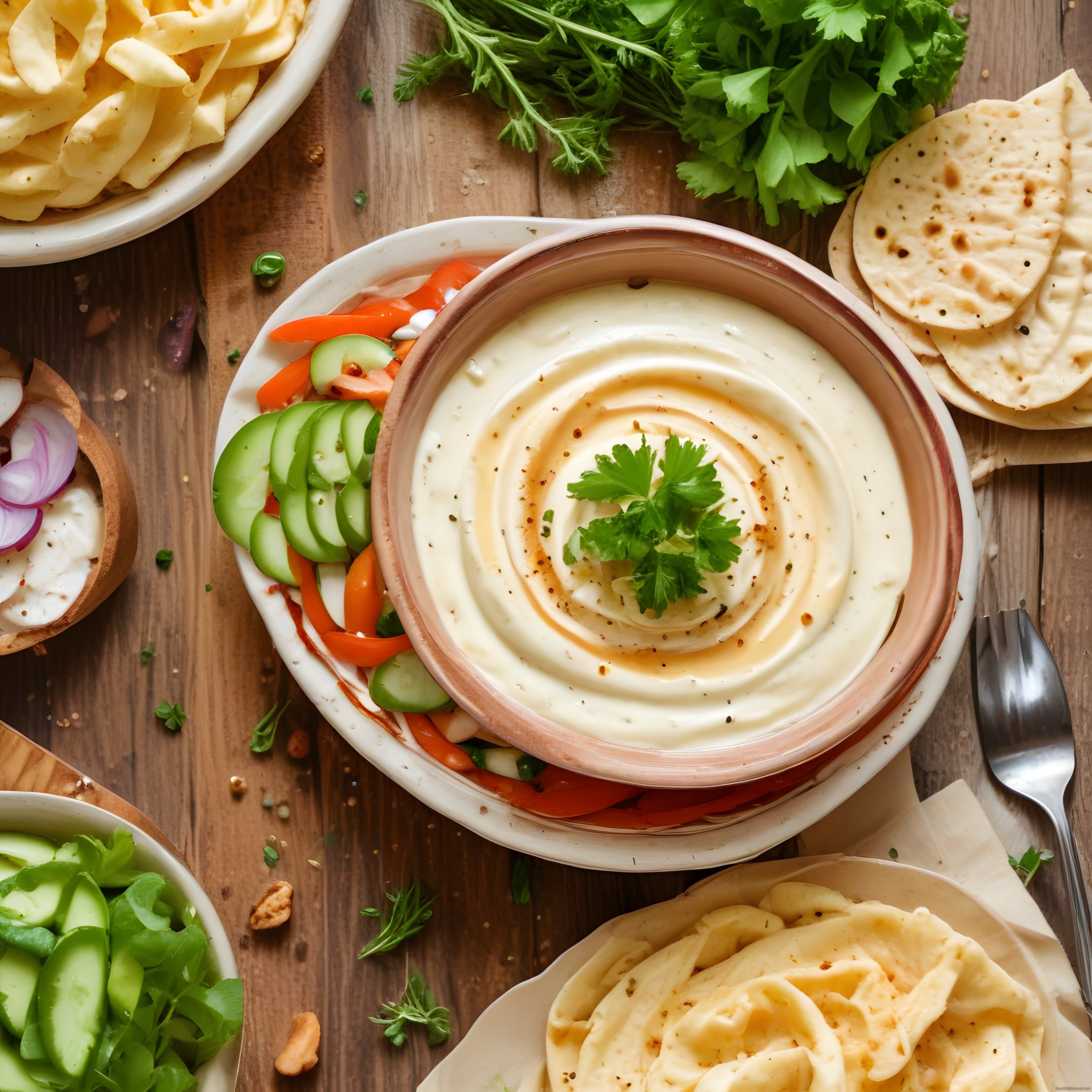 Tahinli Humus Mezesi ve Taze Sebzelerle Renkli Ahşap Masa Sunumu