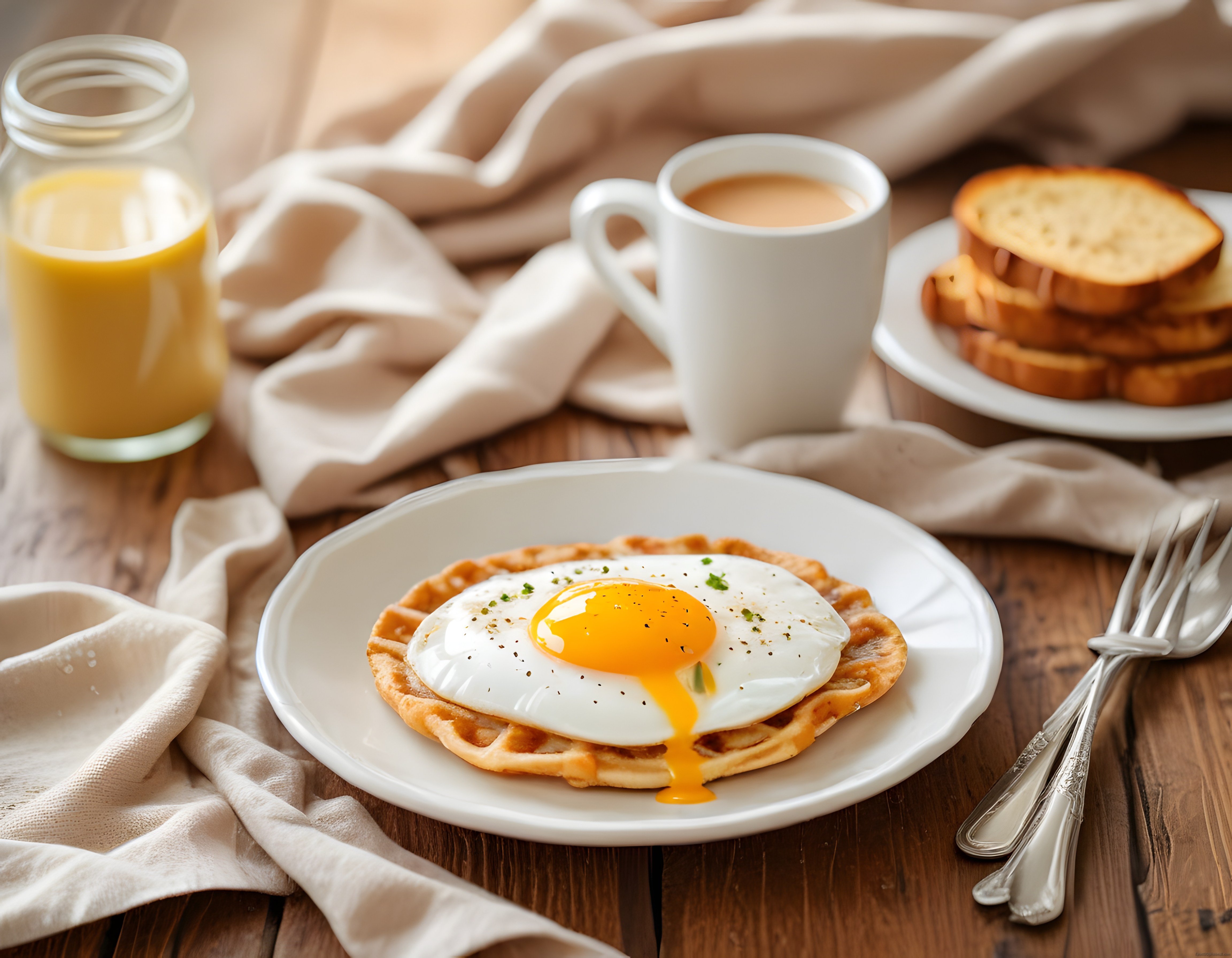 Tahta Masada Akışkan Yumurtalı Waffle ve Portakal Suyuyla Kahvaltı