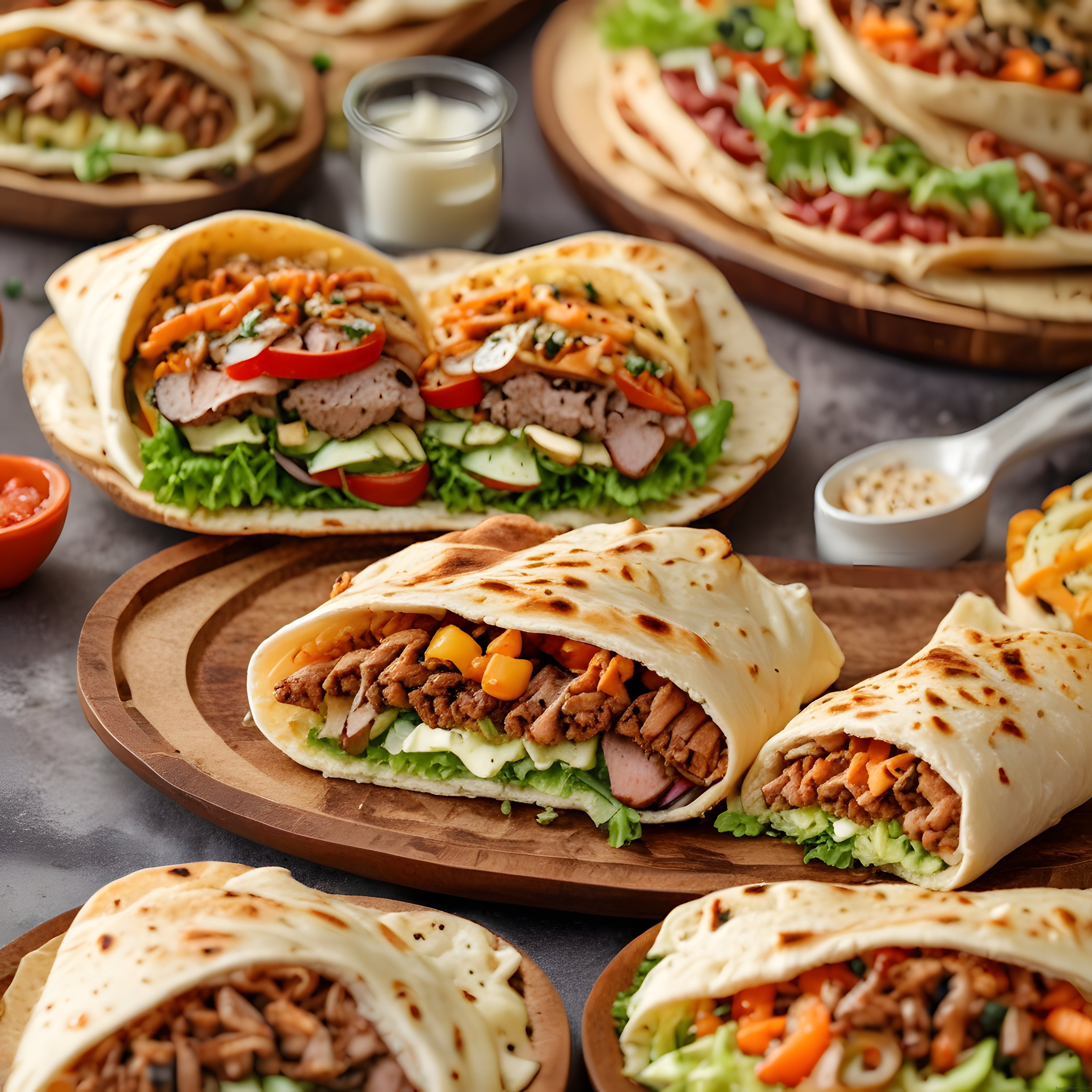 Tahta sunum tabaklarında taze dürüm ve wrap çeşitleri