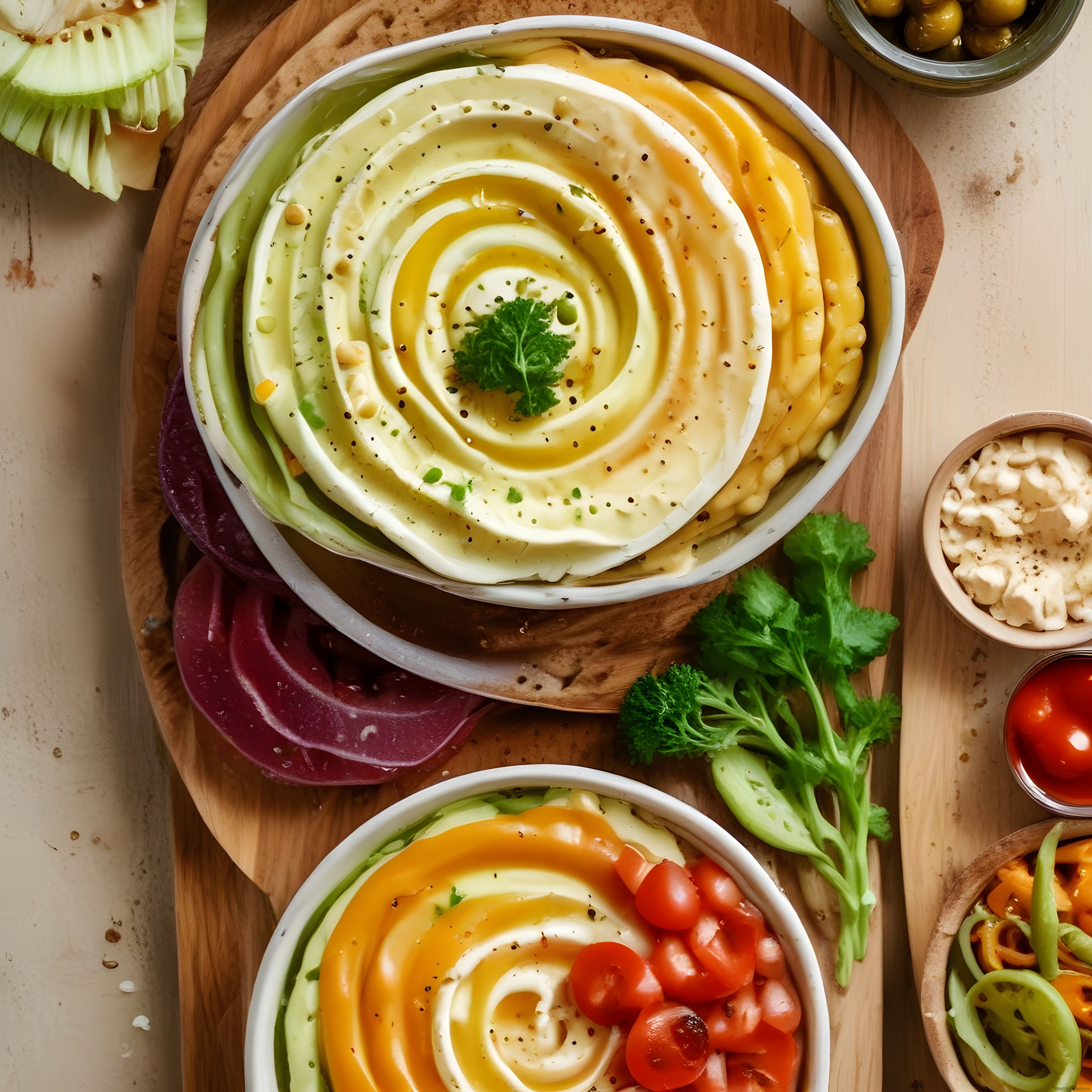 Tahta Sunum Tahtasında Renkli Meze Kaseleri ve Taze Sebzelerle Kahvaltı