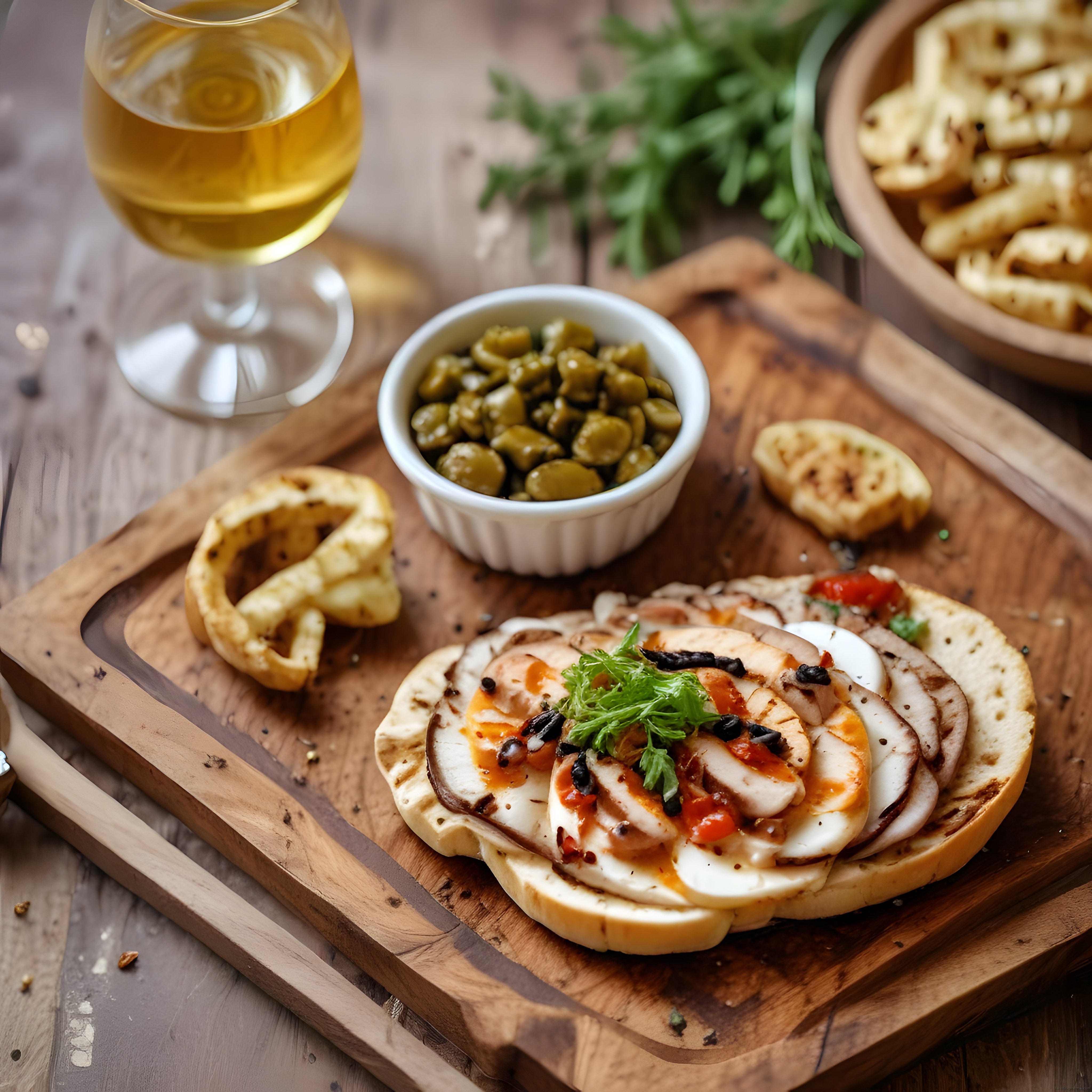 Tahta sunum tahtasında yumurtalı mantarlı ekmek, zeytin ve şarapla rustik brunch