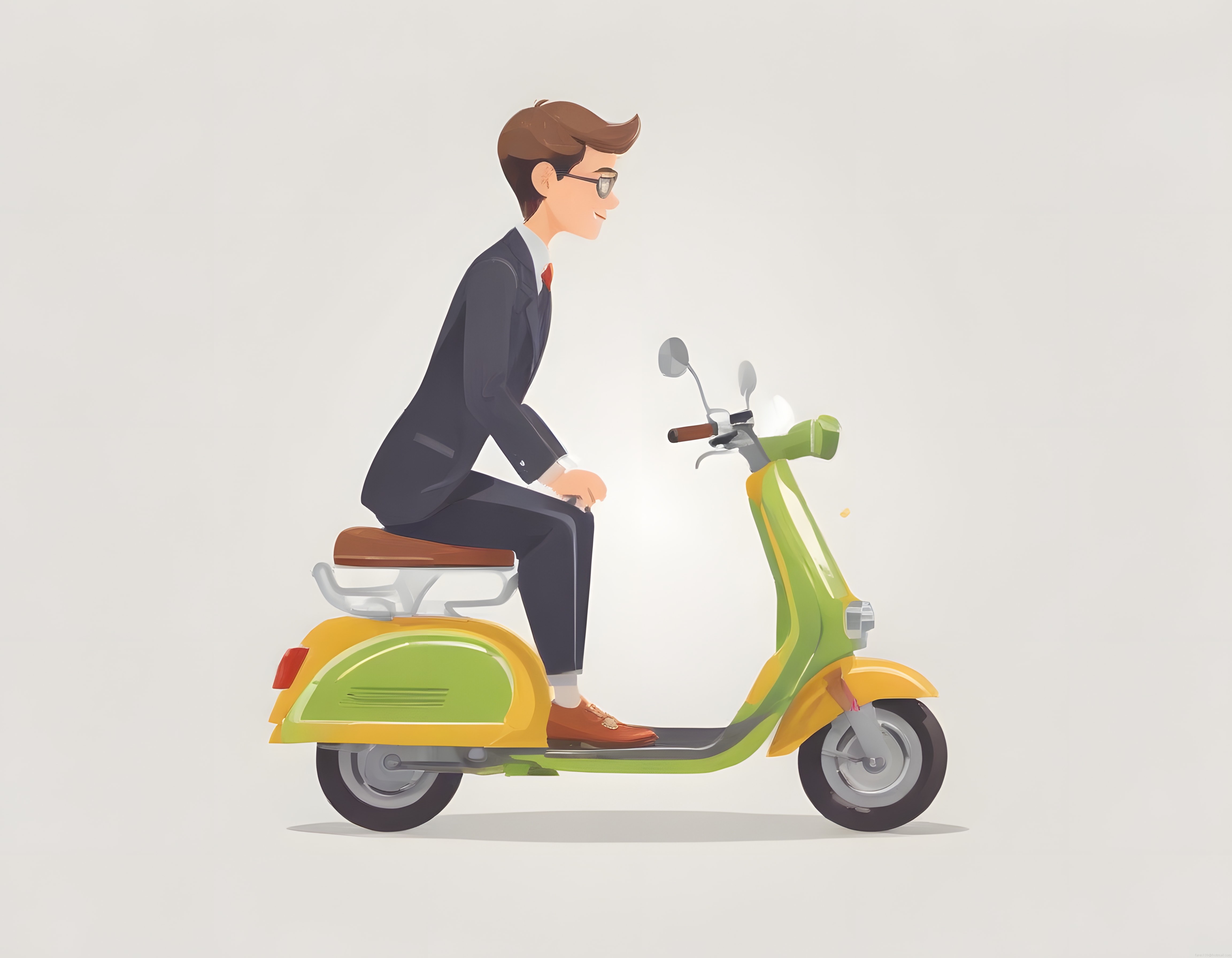 Takım Elbiseli Modern İş Adamı Renkli Retro Scooter ile Şehirde Yolculuk