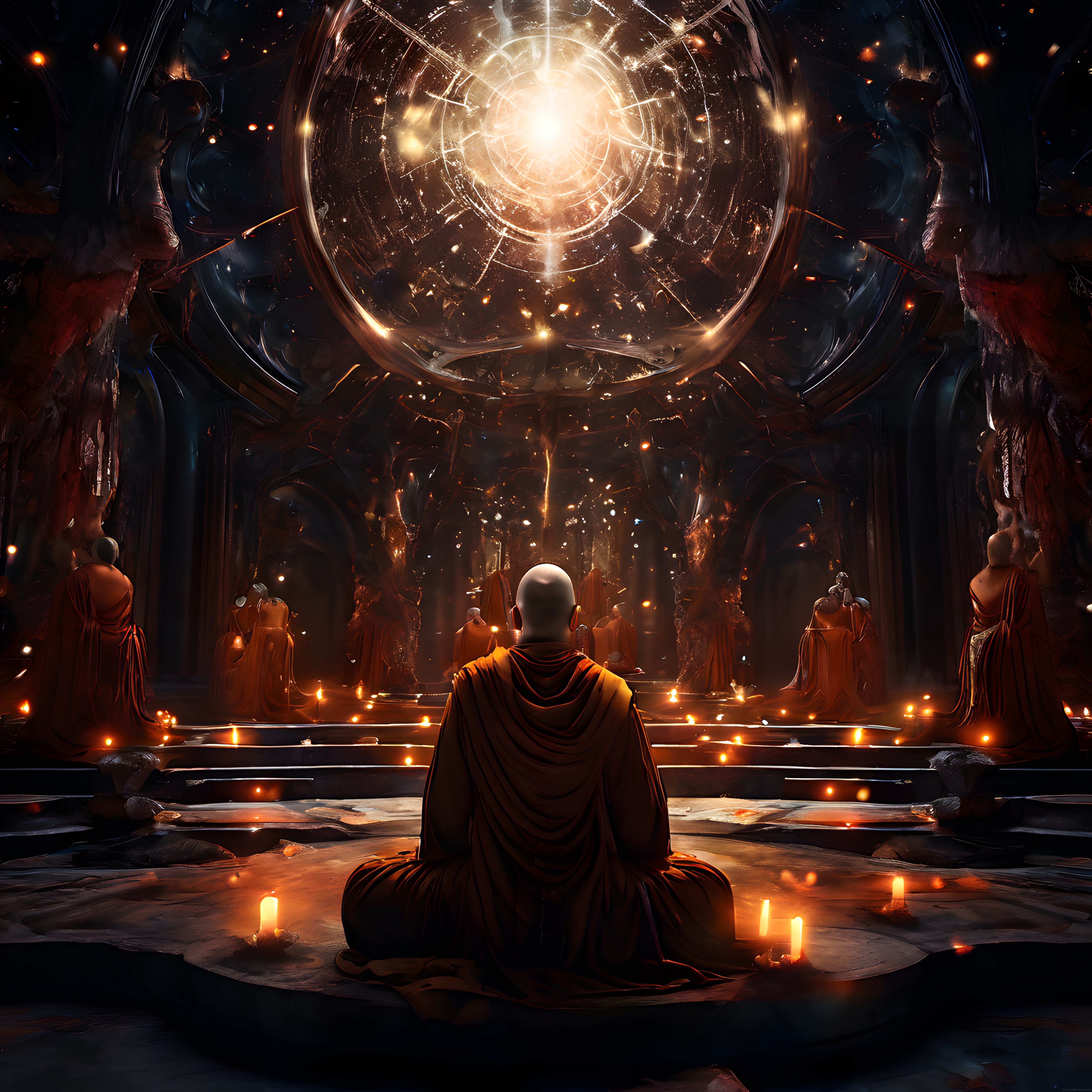 tapınak içinde meditasyon yapan keşişler ve mistik ışık portalı dijital sanat