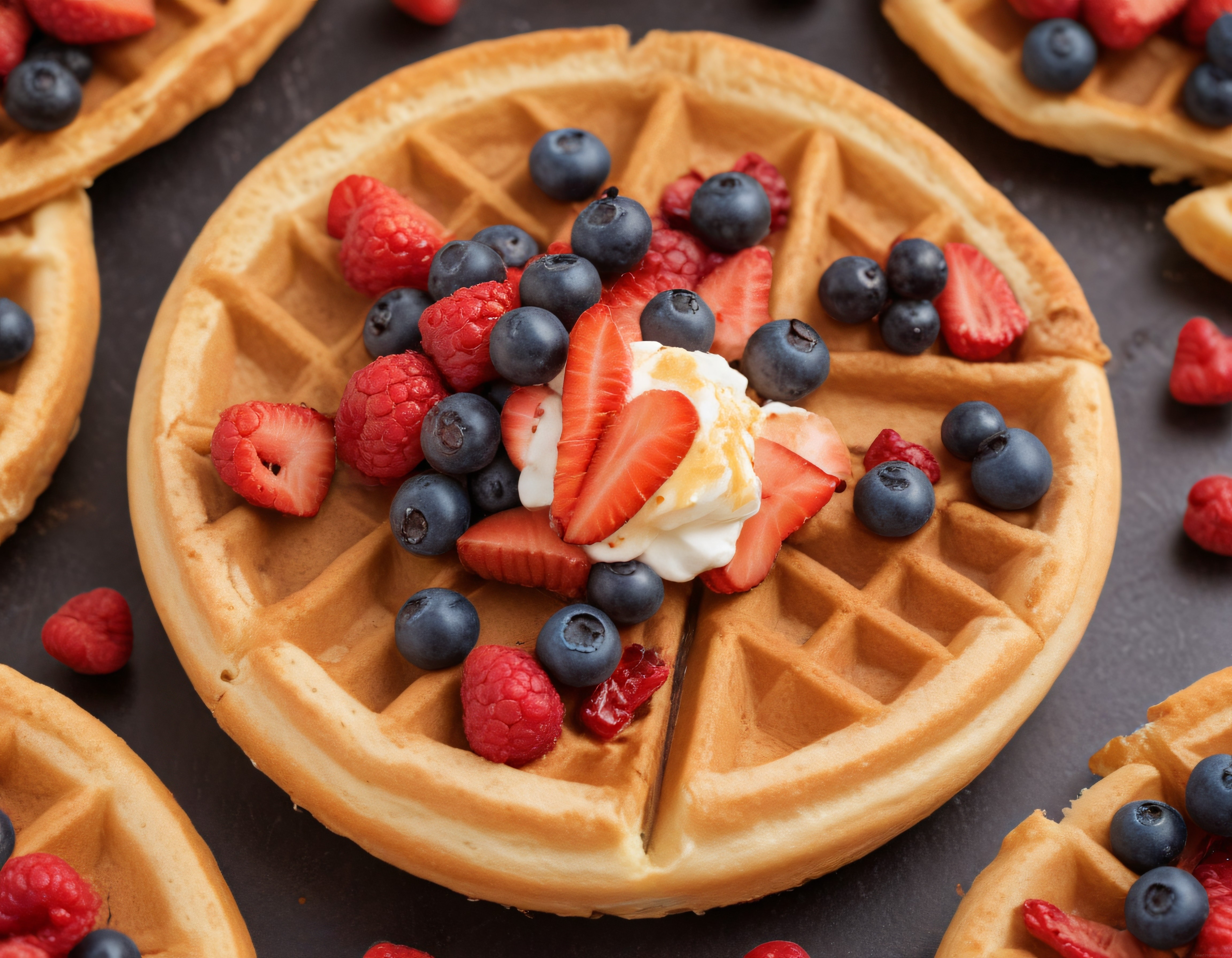 Taptaze Çilek Ahududu ve Yaban Mersiniyle Süslenmiş Kahvaltılık Waffle