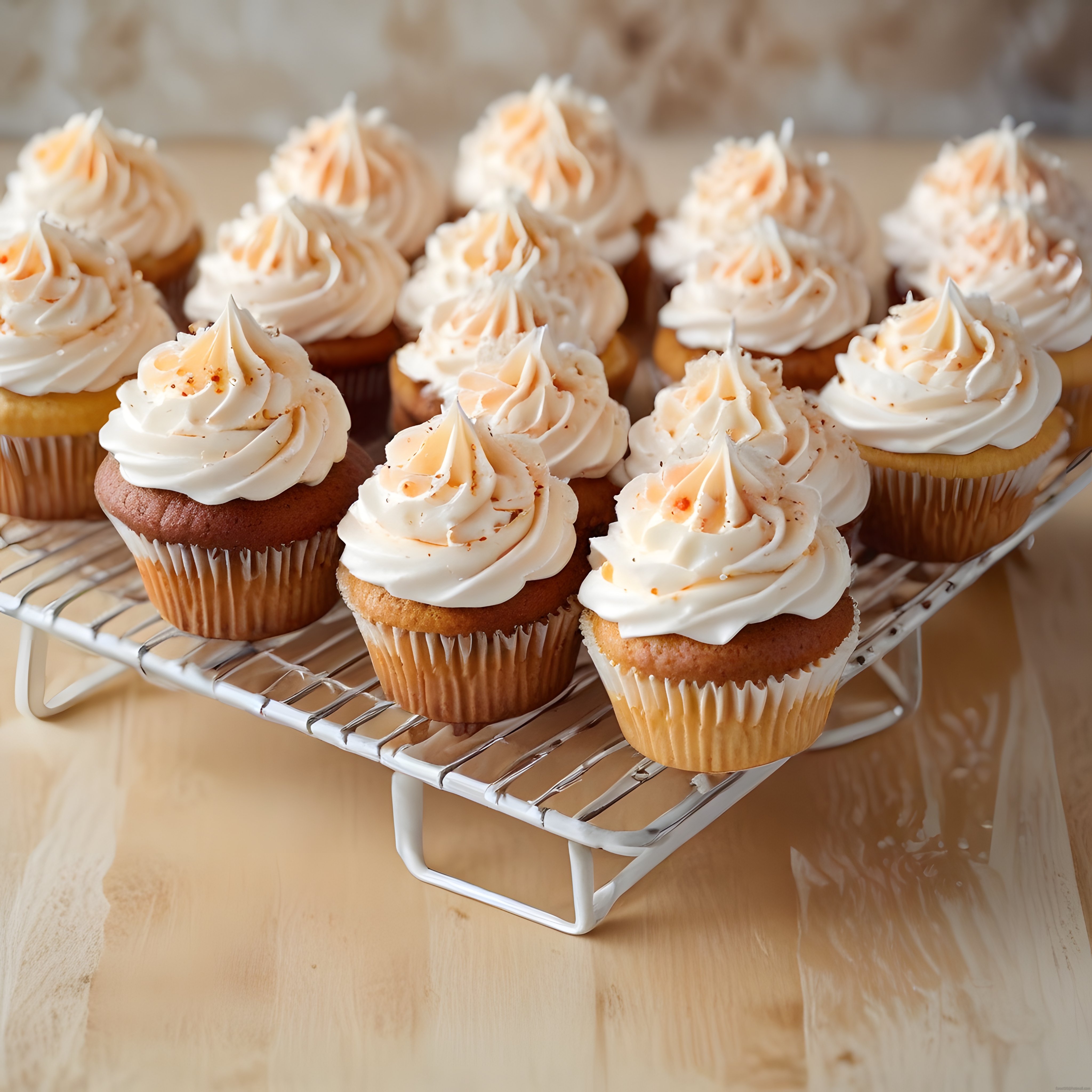 Taptaze krema kaplamalı cupcake'ler tel ızgarada serinliyor ve sunuma hazır