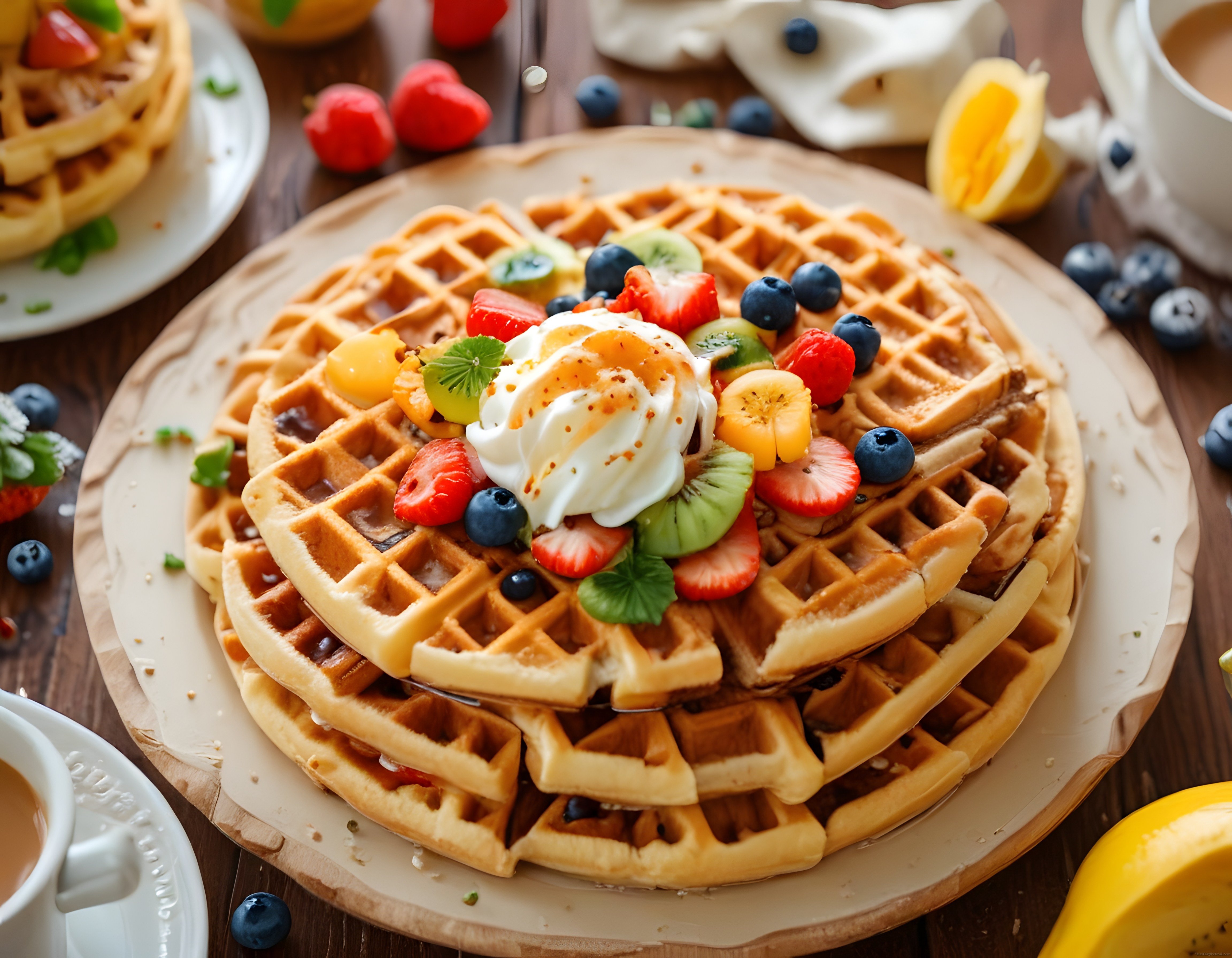 Taptaze Meyvelerle Süslenmiş Kremalı Waffle Kahvaltı Tabağı