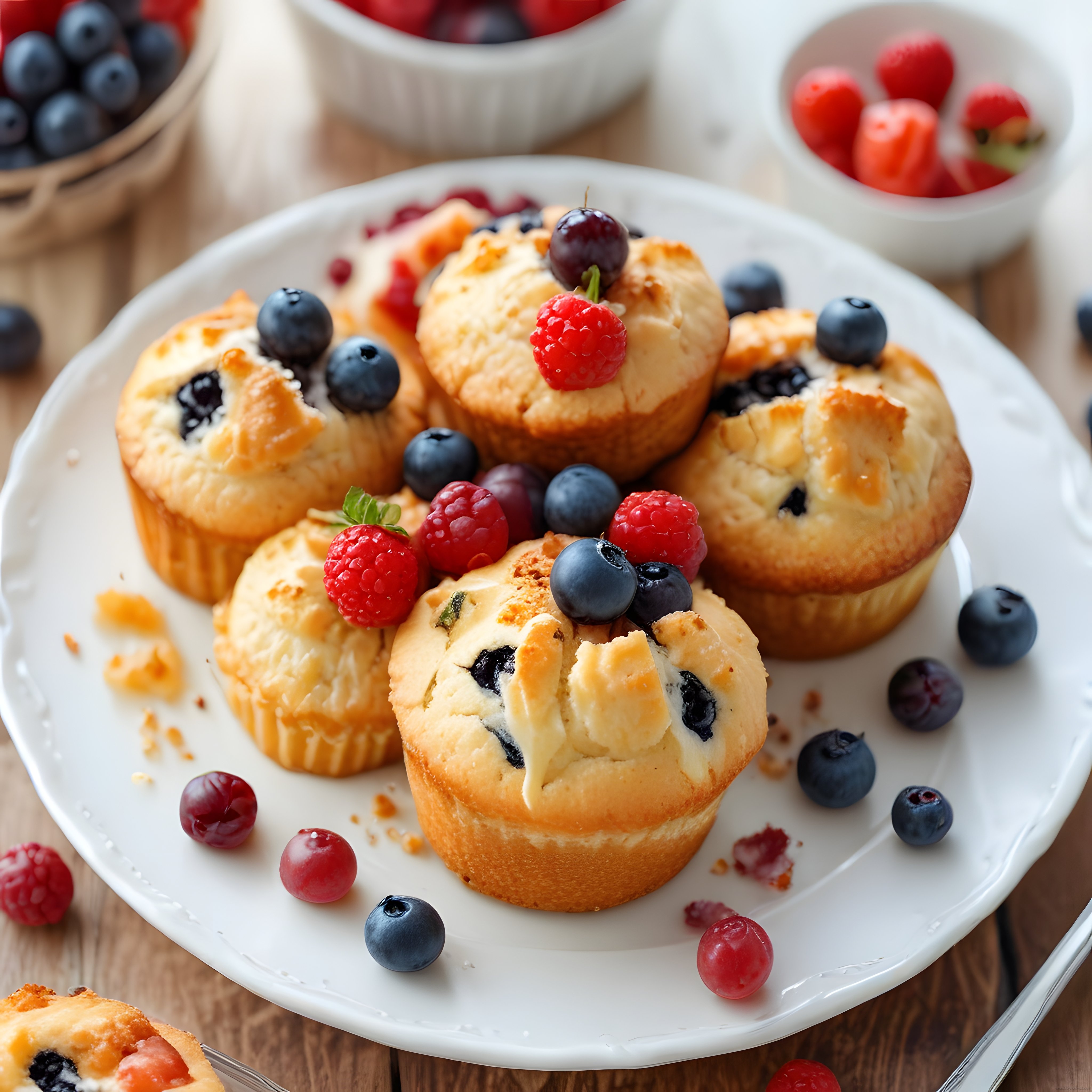 Taptaze Yaban Mersini ve Ahududu ile Süslenmiş Ev Yapımı Muffinler