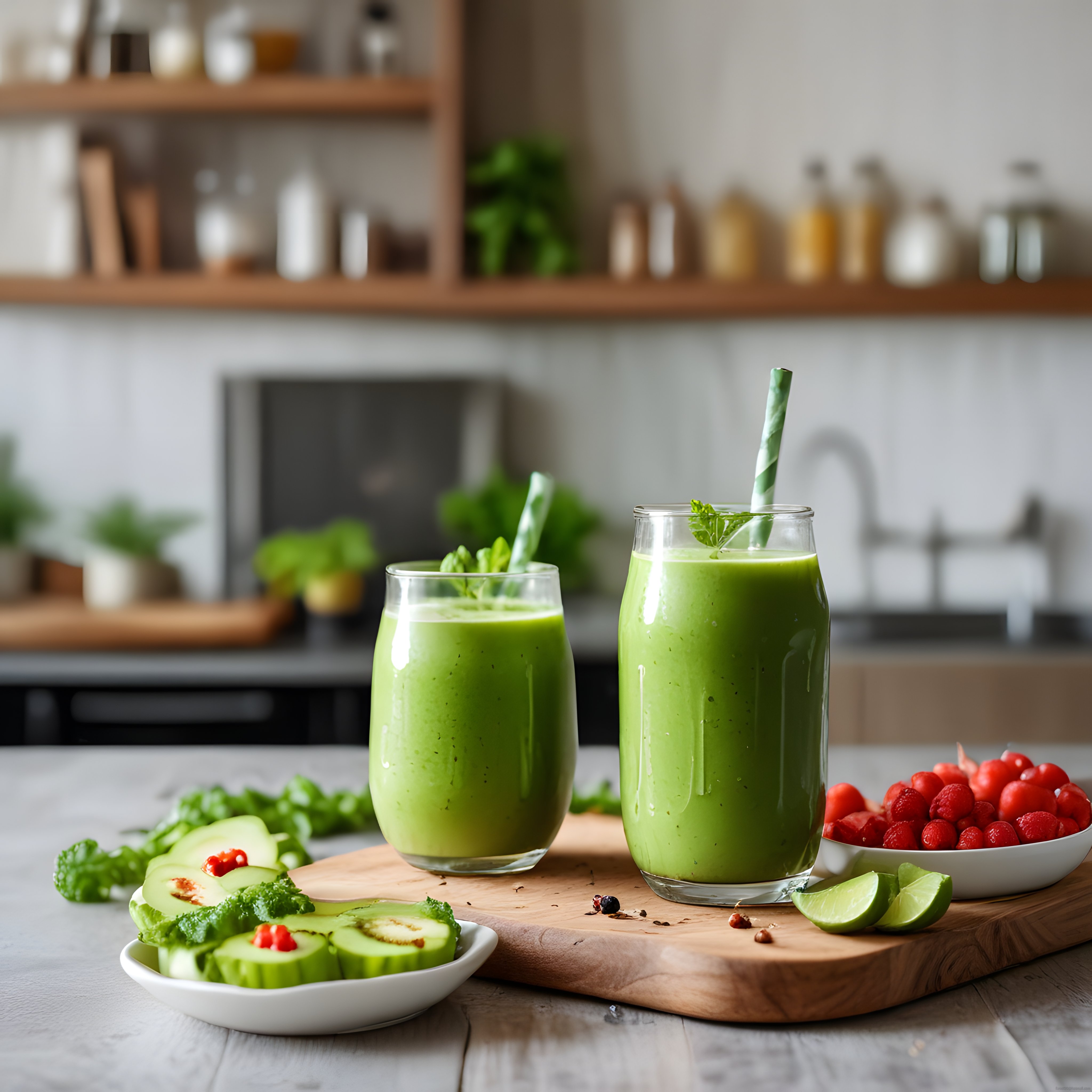 Taptaze Yeşil Smoothie ve Sağlıklı Beslenme Konseptli Mutfak Sunumu