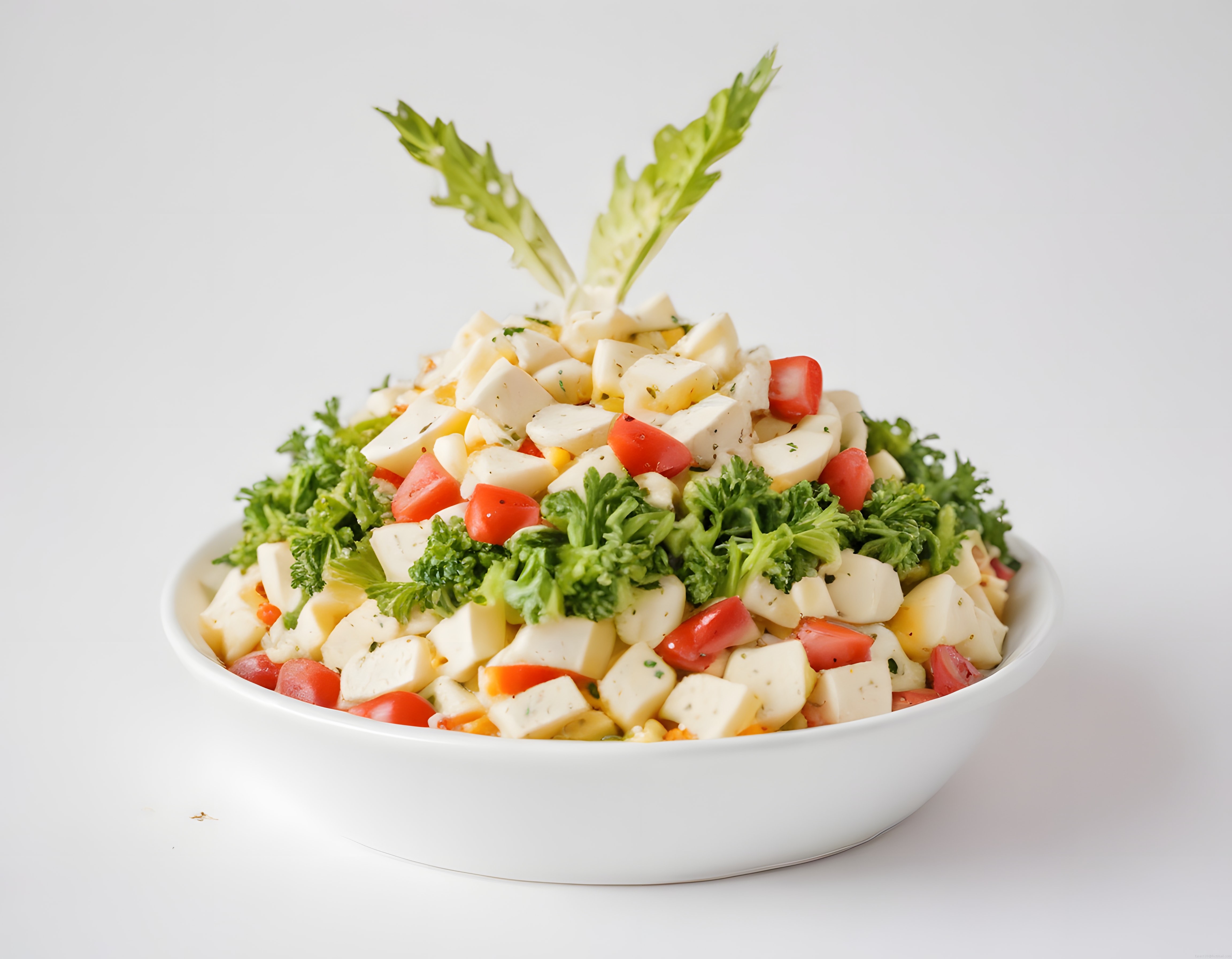 Taptaze Yeşilliklerle Süslenmiş Peynirli Domatesli Kase Salata Tarifi