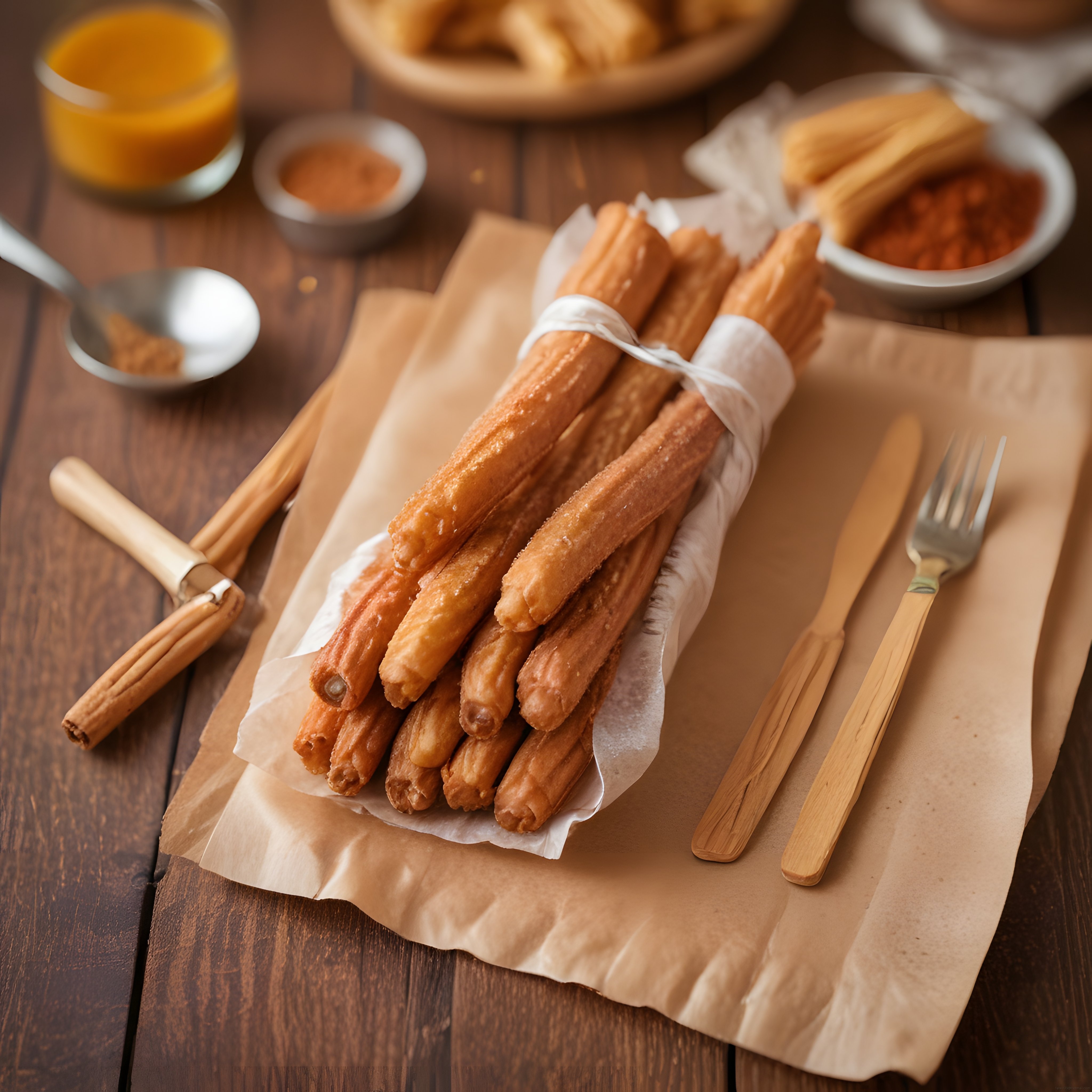 tarçın şekerli churros karamel sos ve baharatlarla rustik masa sunumu
