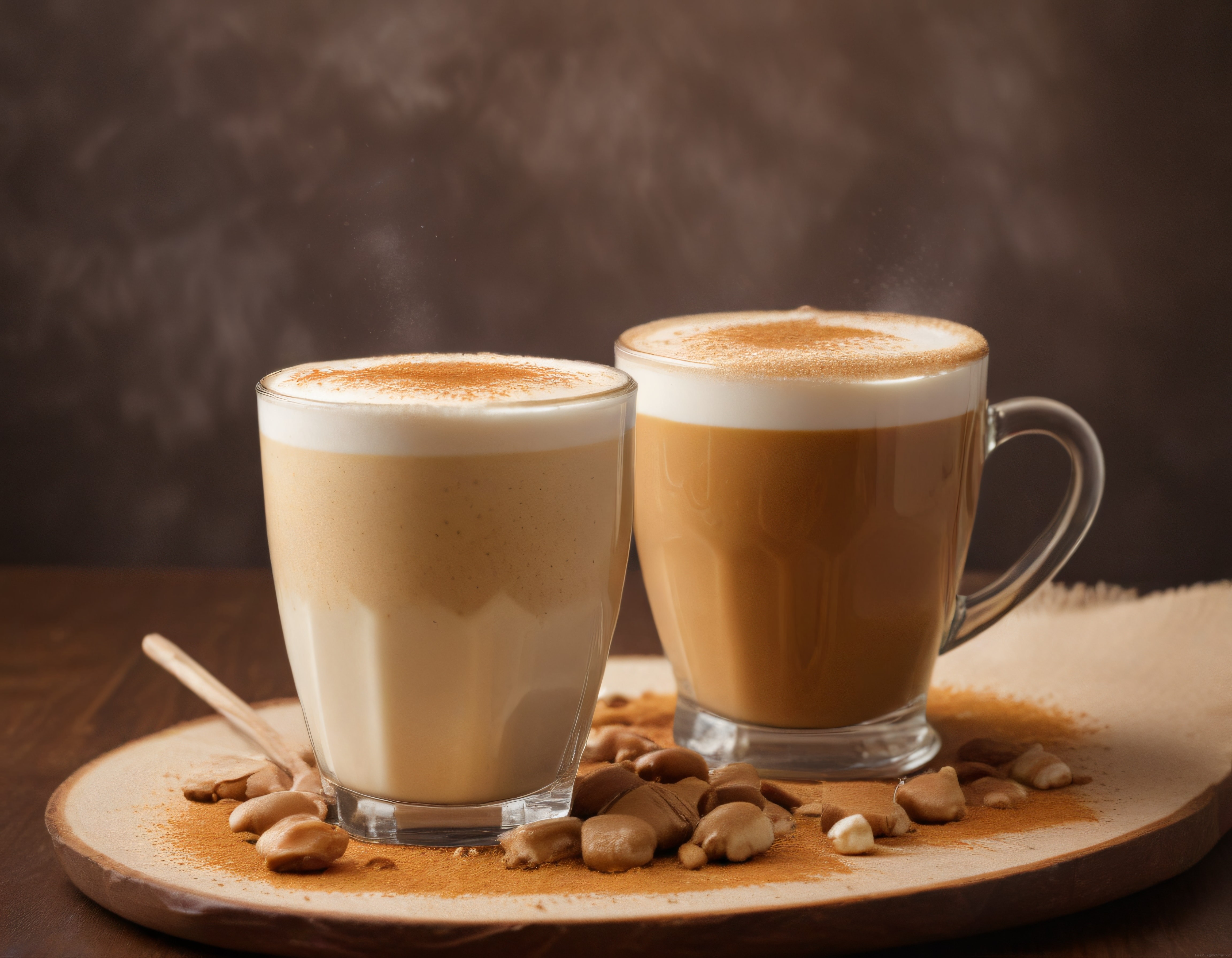 tarçın serpintili köpüklü latte bardakları ve fındıklarla sıcak kahve sunumu ahşap tepsi