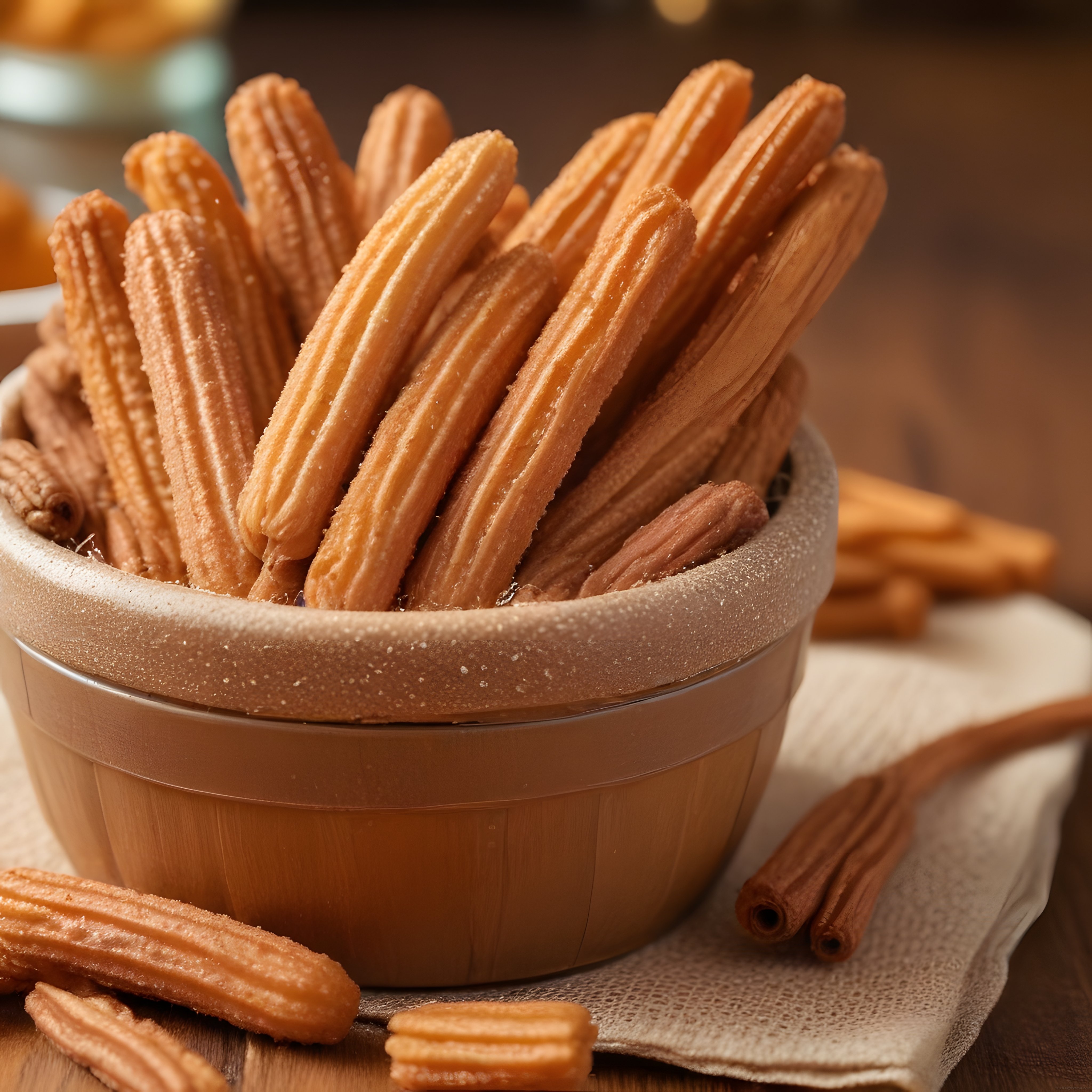 Tarçın ve Şeker Kaplı Churros: Rustik Ahşap Kapta Efsanevi Tatlı Keyfi