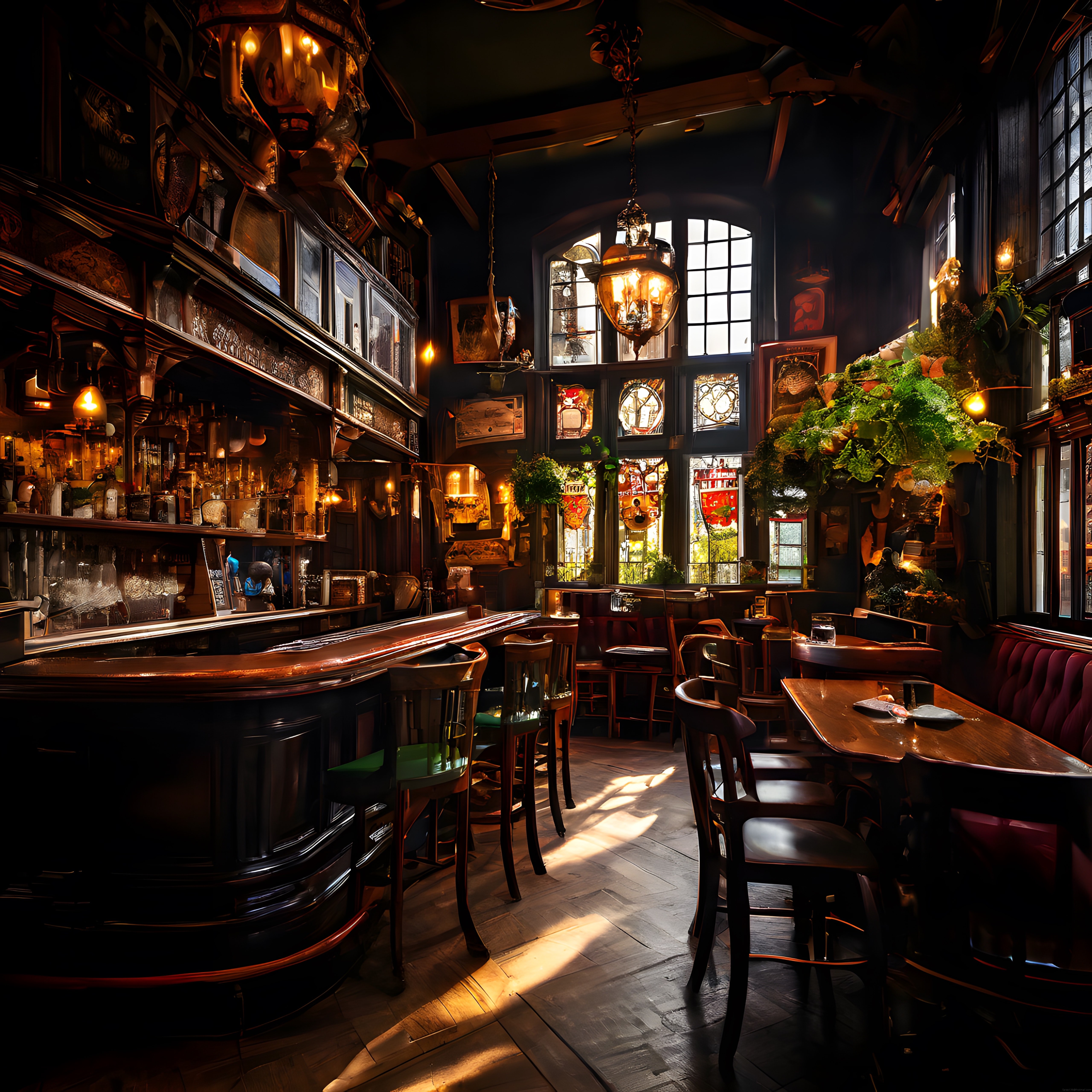 Tarihi Ahşap Bar ve Vitray Camlı Geleneksel Pub İç Mekanında Sıcak Atmosfer