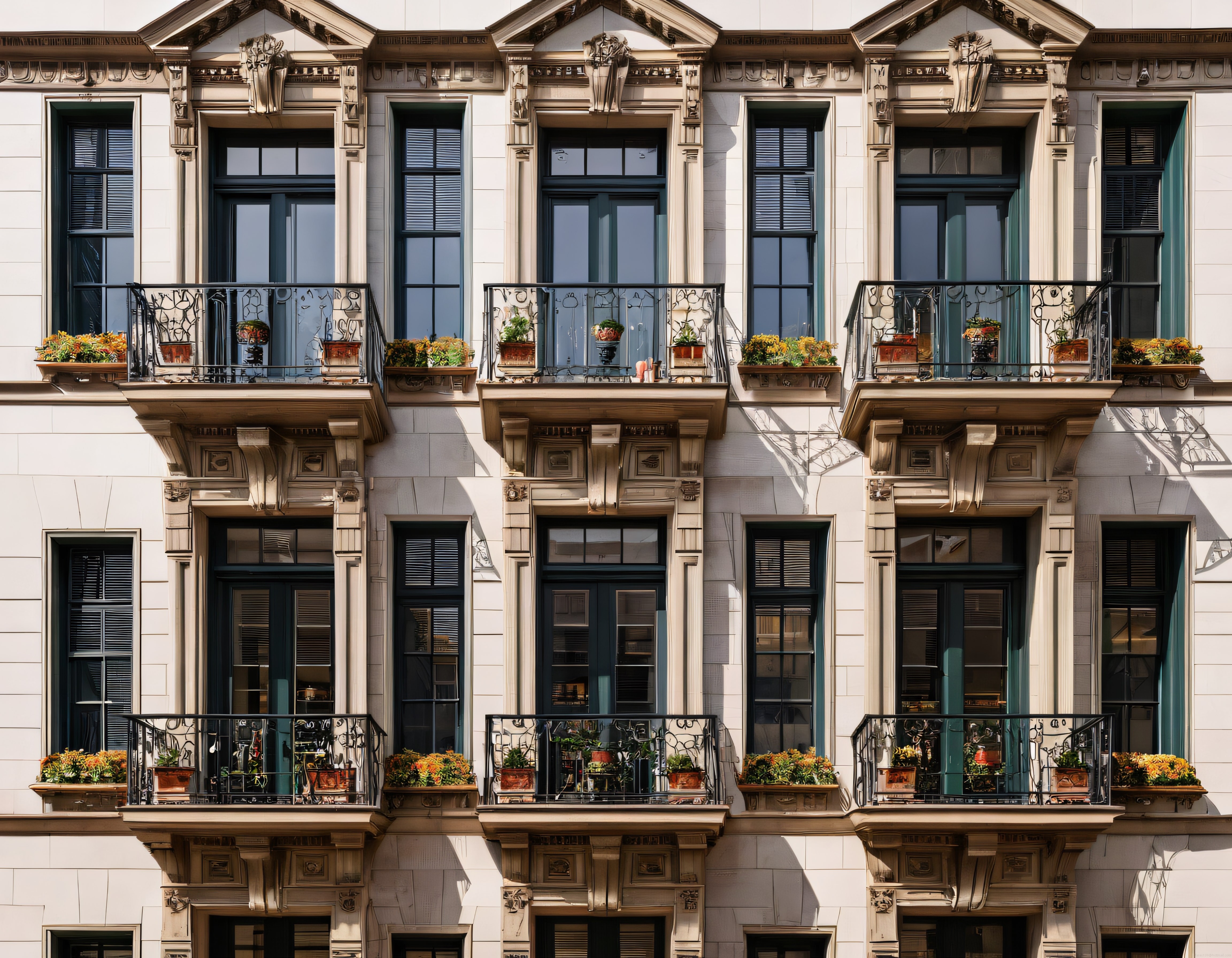 Tarihi Avrupa apartmanının art nouveau detaylı cephesi ve çiçekli balkonları