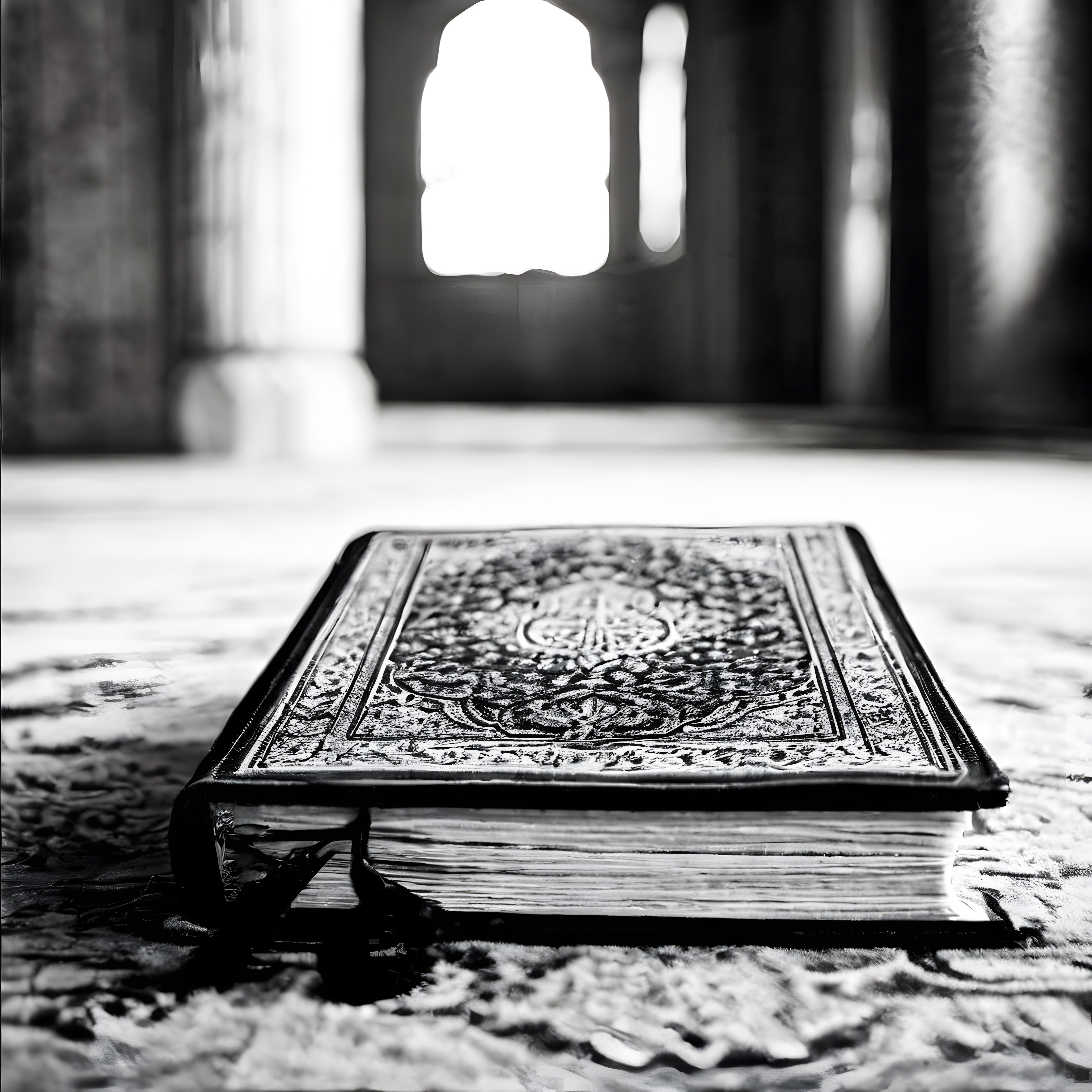 Tarihi Cami İçinde Işığa Bakan Süslü Eski Kitap: Siyah Beyaz Dini Atmosfer