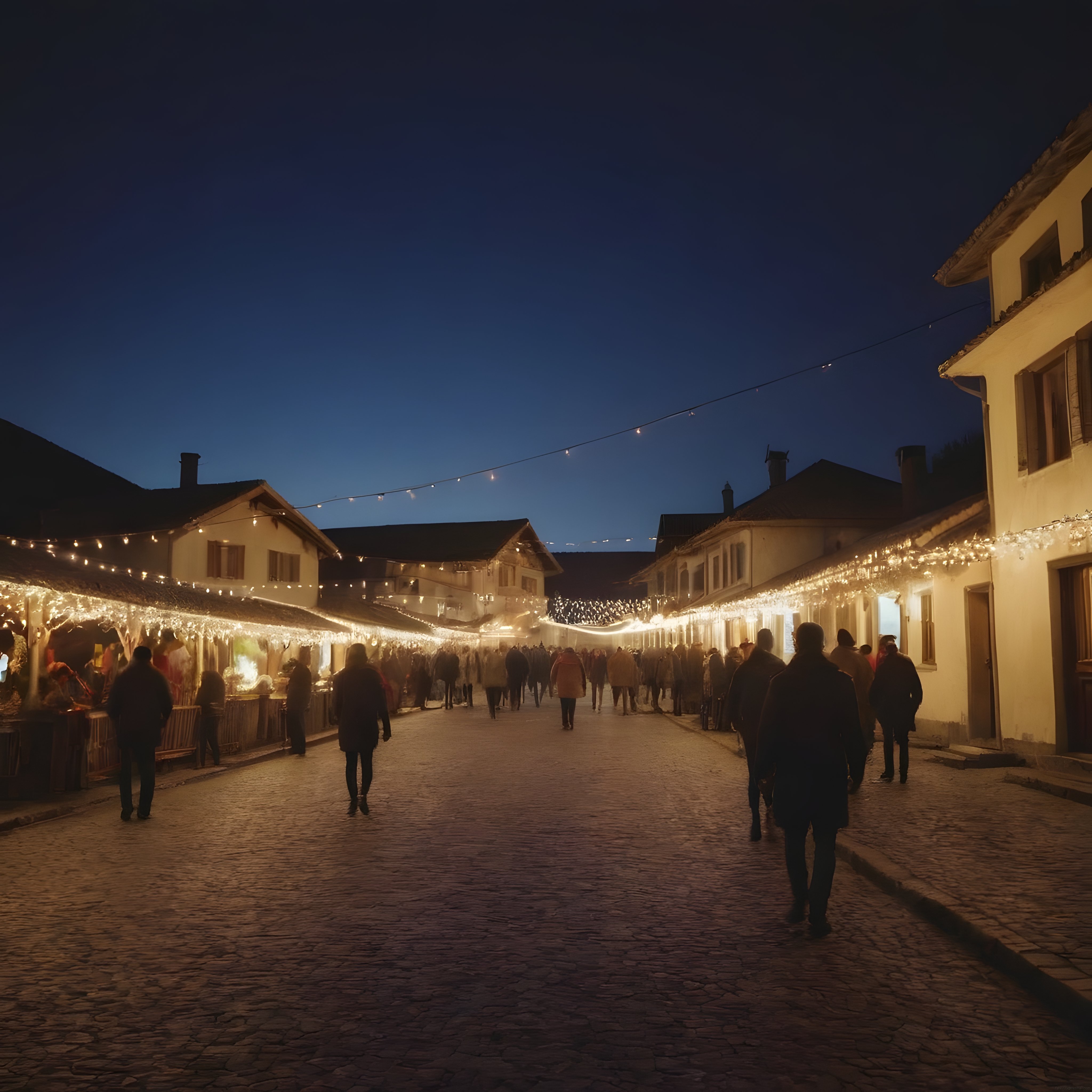 Tarihi Kasaba Sokağında Gece Işıkları ve Festivalli Büyüleyici Atmosfer