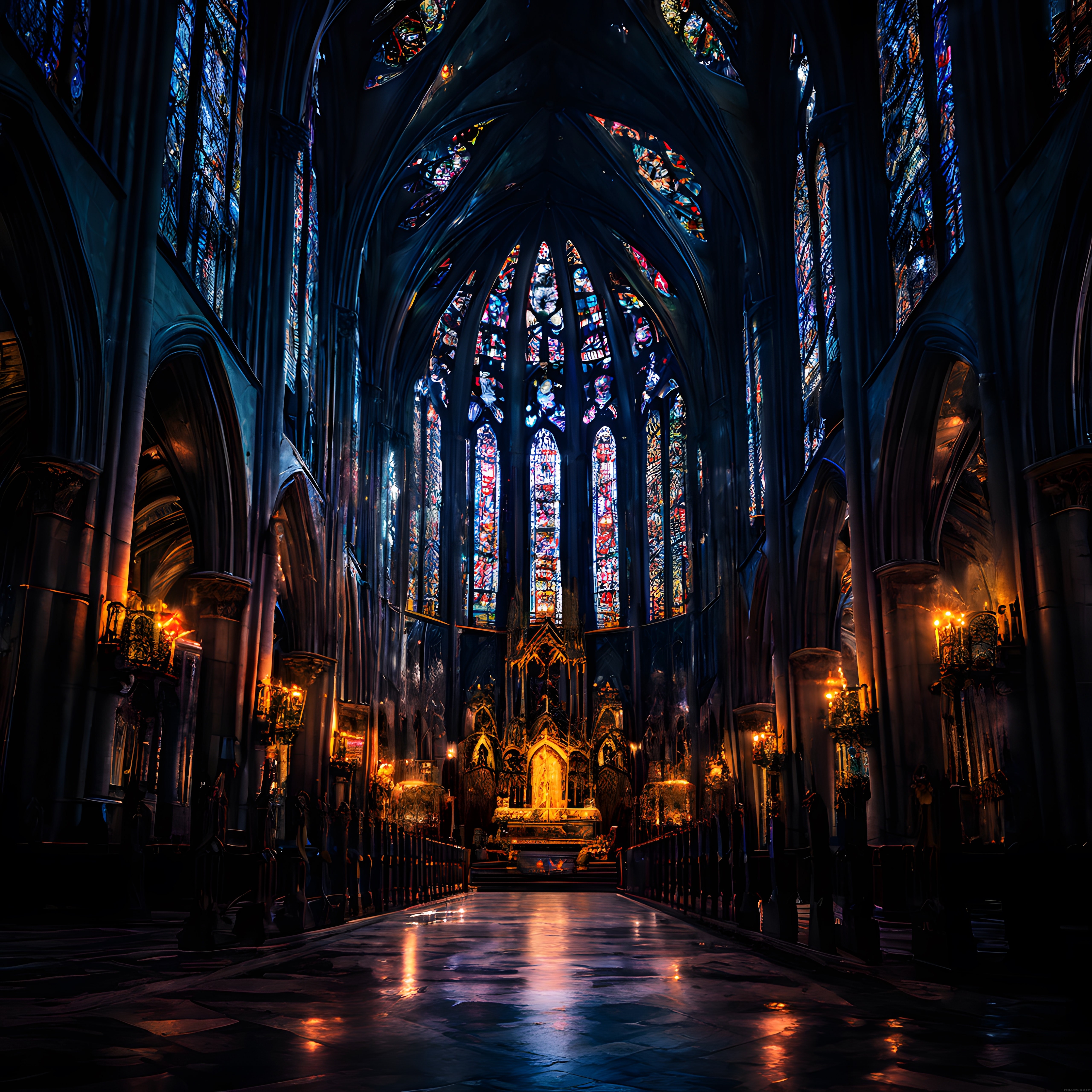 tarihi katedral içi, vitrayların renkli ışığında büyüleyici ve mistik atmosfer