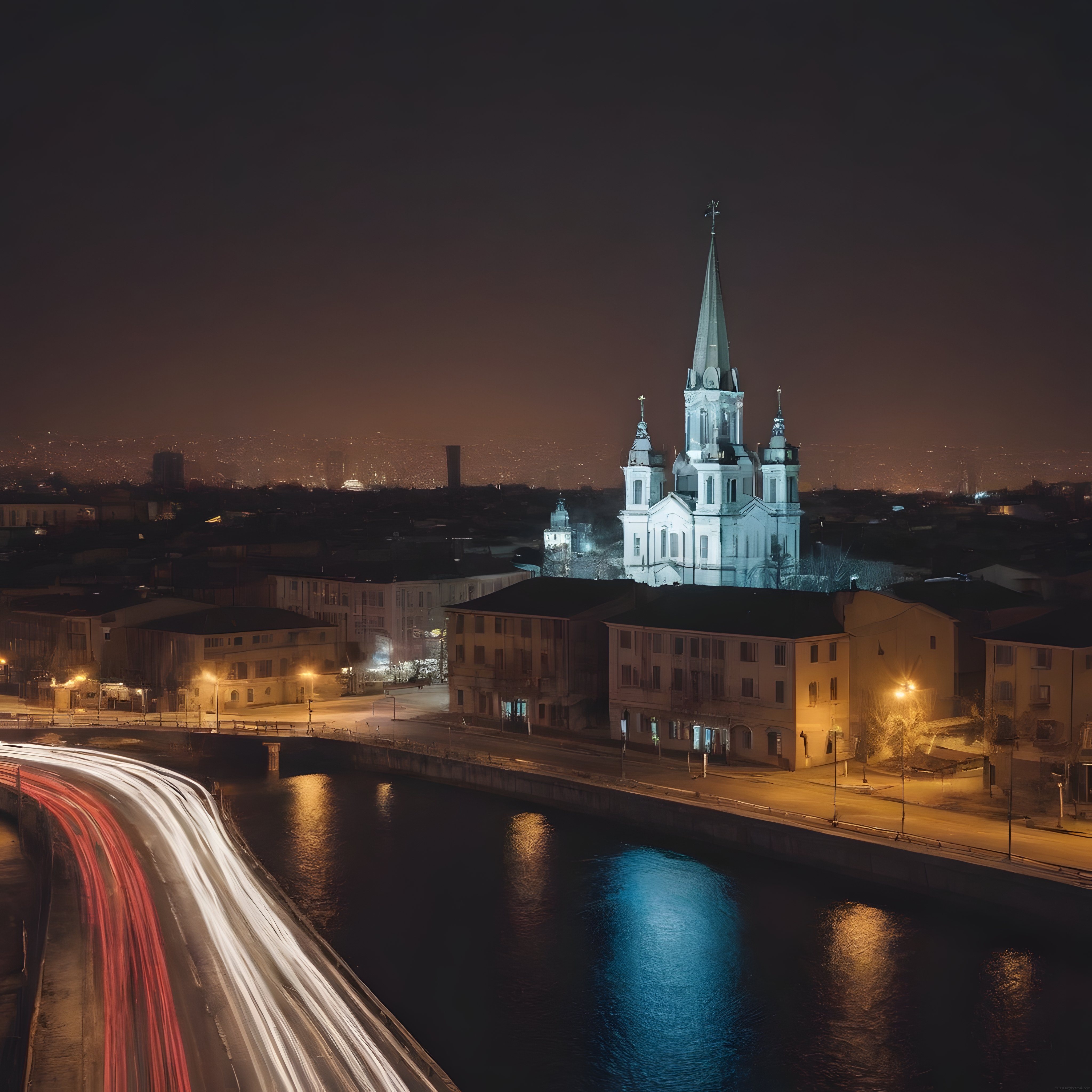 Tarihi Katedral ve Nehir Köprüsüyle Büyüleyici Gece Şehir Manzarası