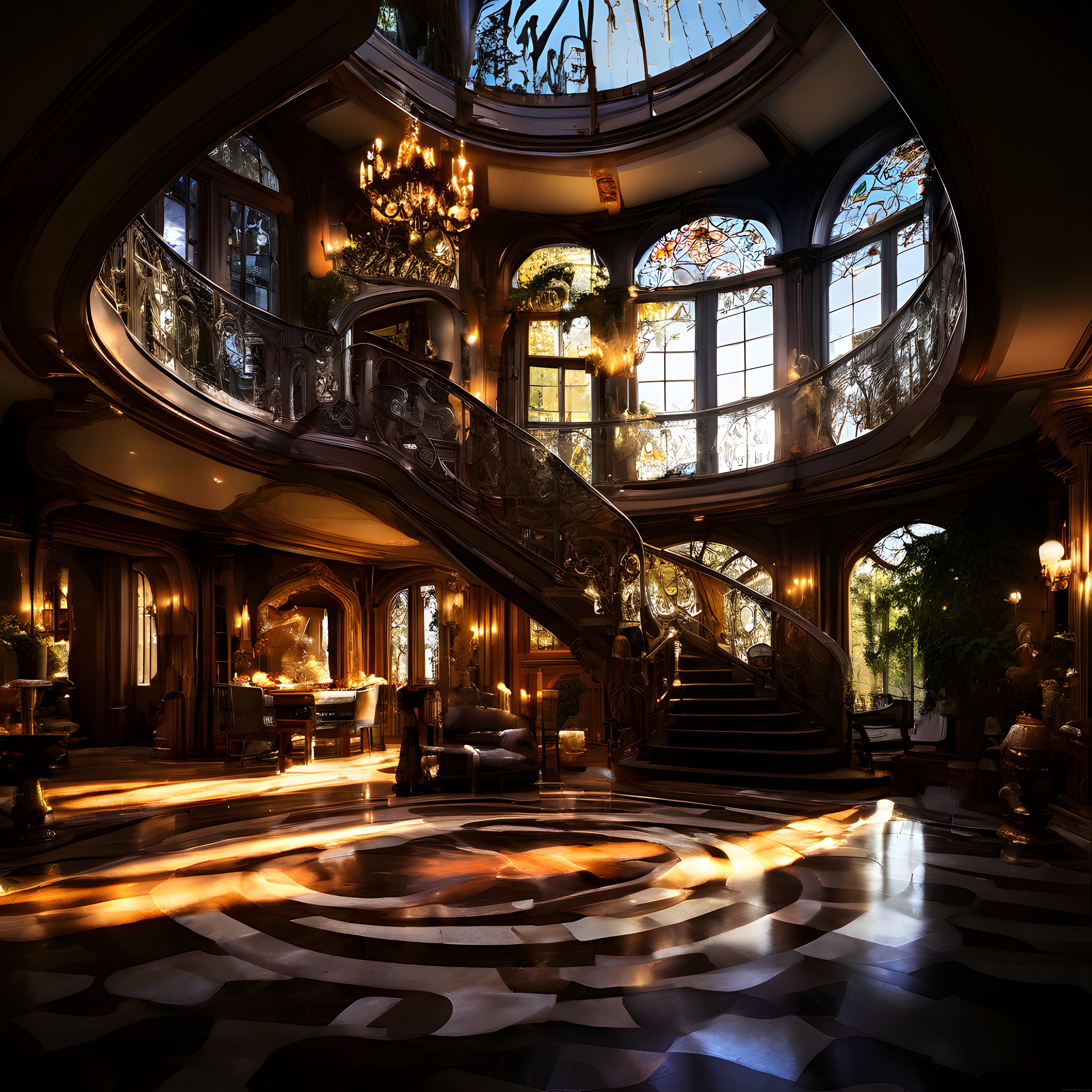 Tarihi Köşkün Işıklandırılmış Art Nouveau Tarzı Süslü İç Mekan ve Merdiveni