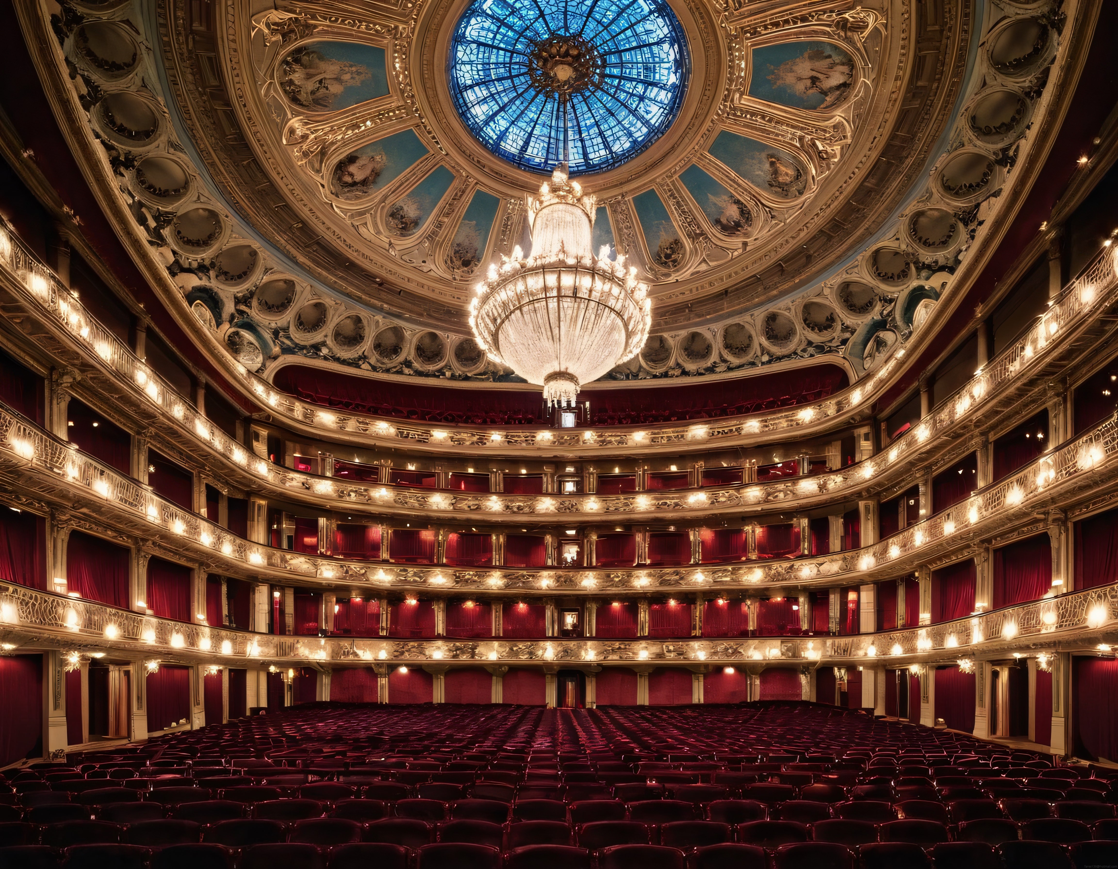 Tarihi Opera Salonunun Büyüleyici İç Mimarisinde Avize ve Vitray Kubbe Detayları