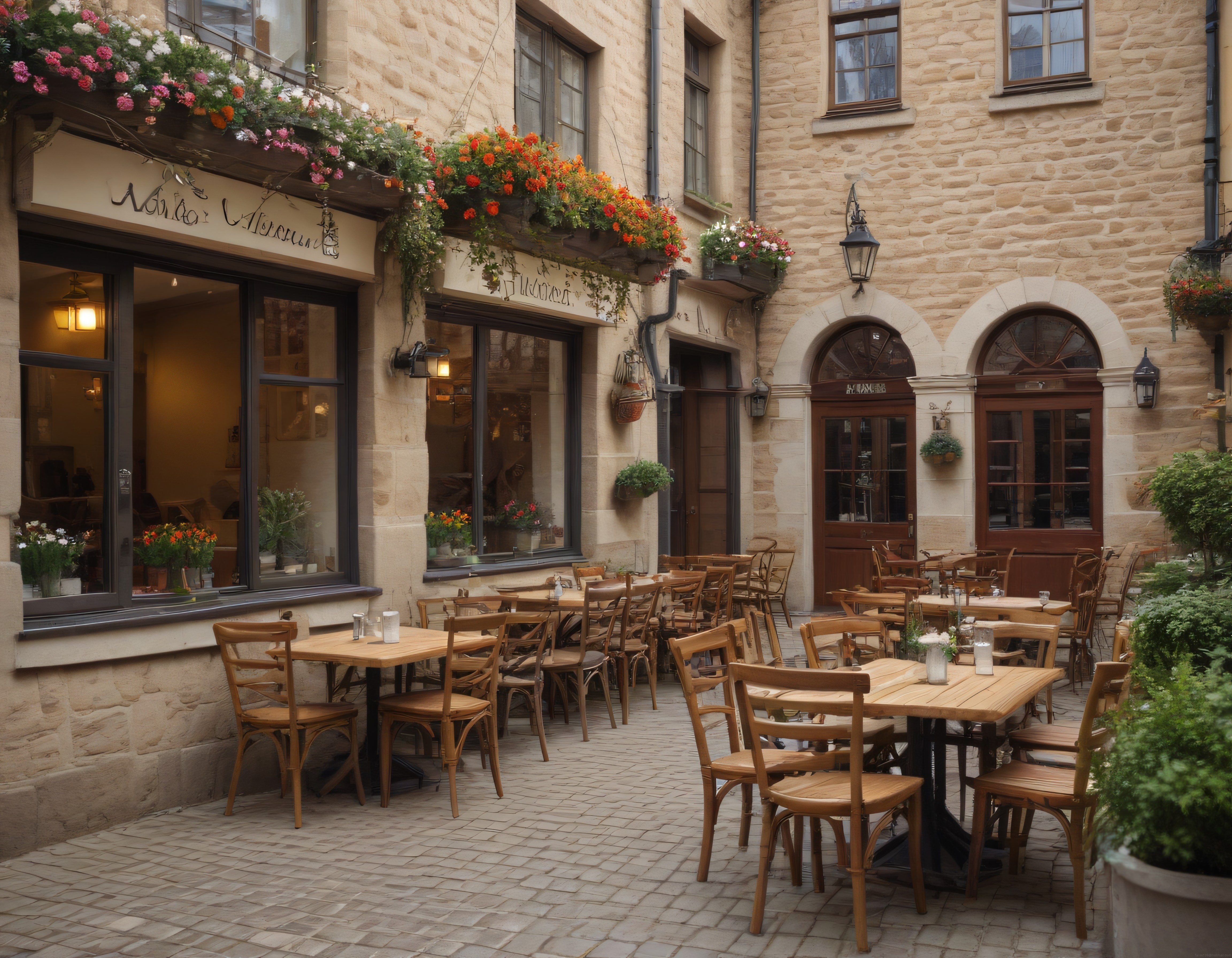 tarihi taş duvarlar arasında ahşap masalı romantik kafe ve restoran avlusu