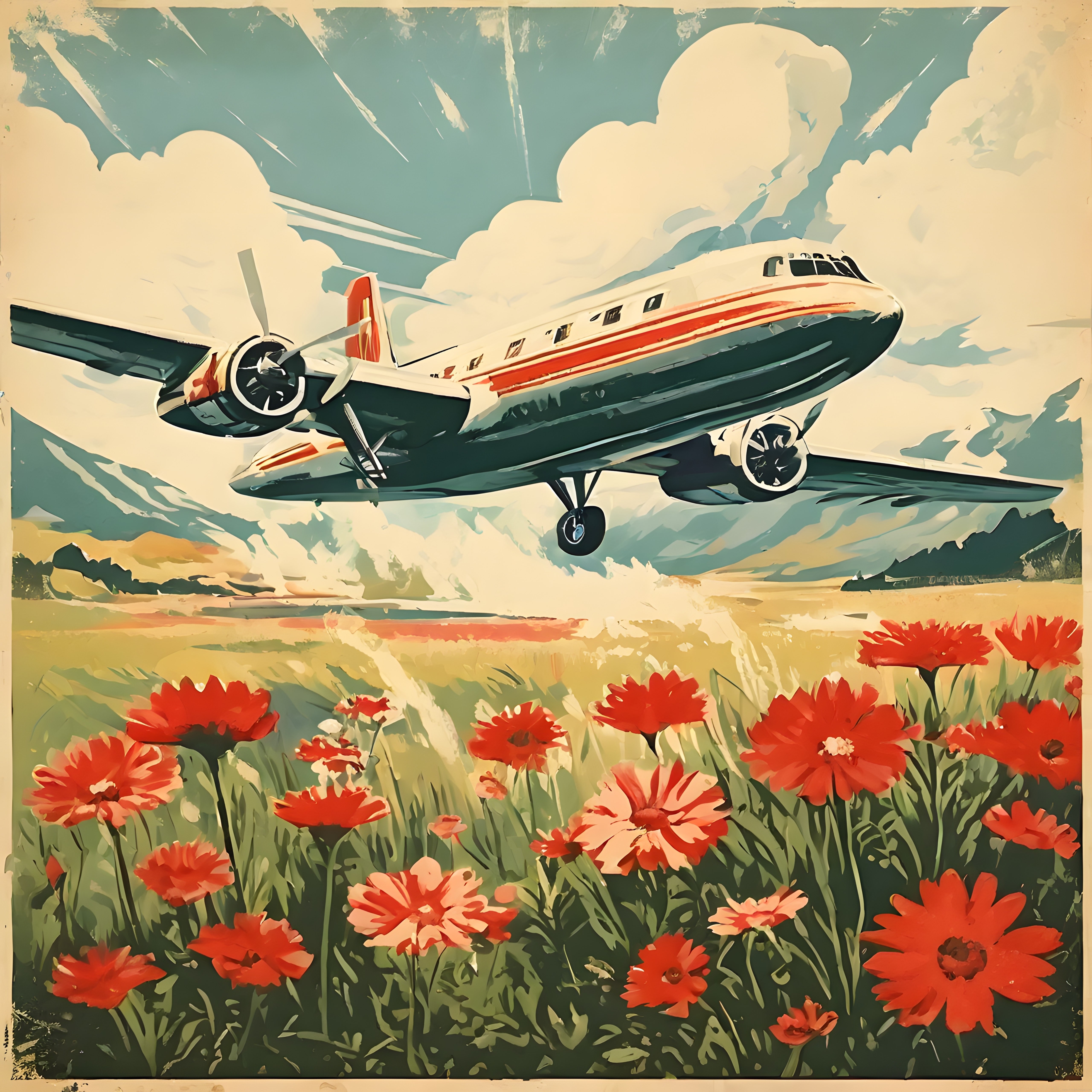 Tarlanın Üzerinde Süzülen Retro Propeller Uçak ve Bulutlu Gökyüzü Manzarası