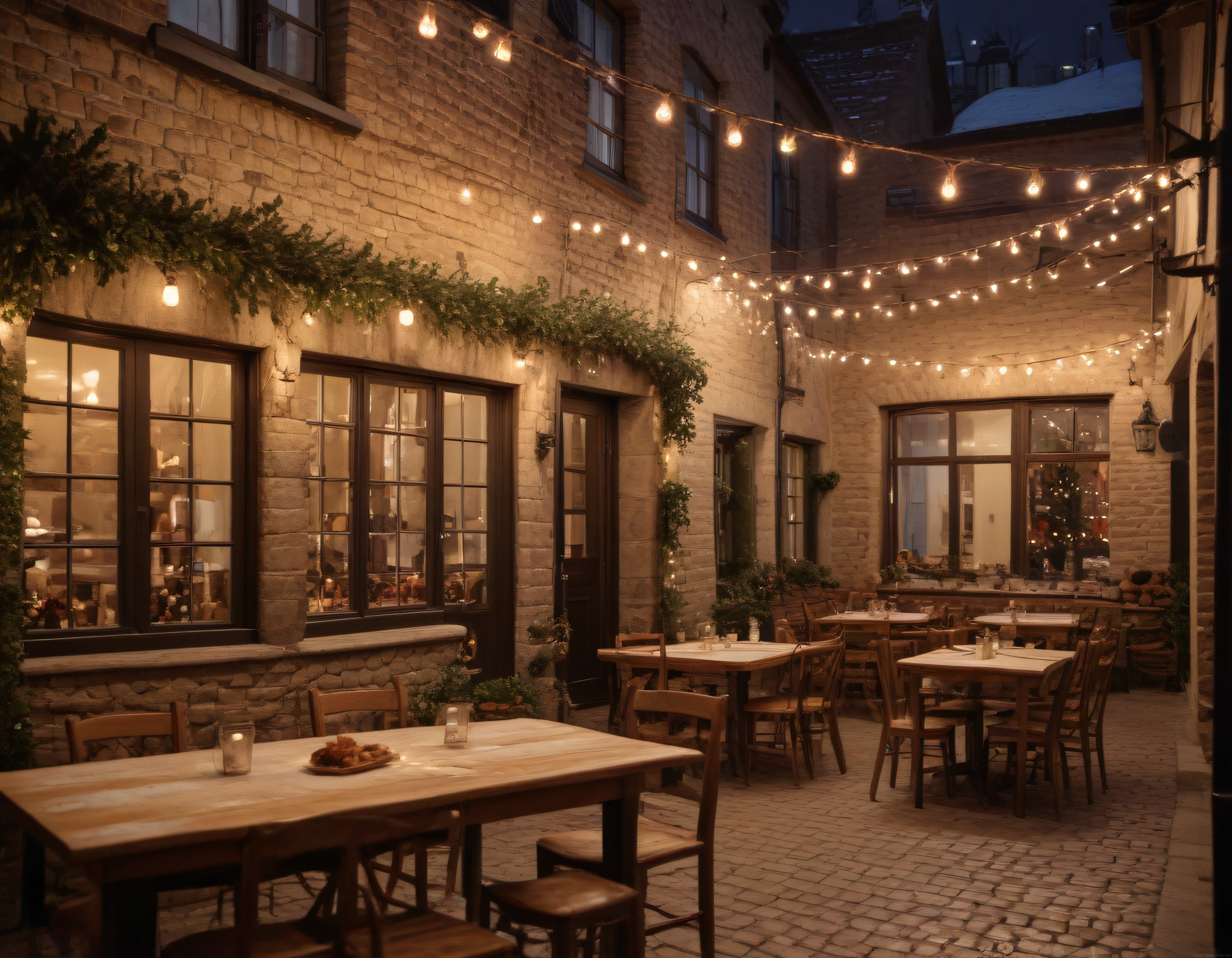 Taş Avluda Işıklı Bir Restoranın Romantik ve Sıcak Akşam Atmosferi