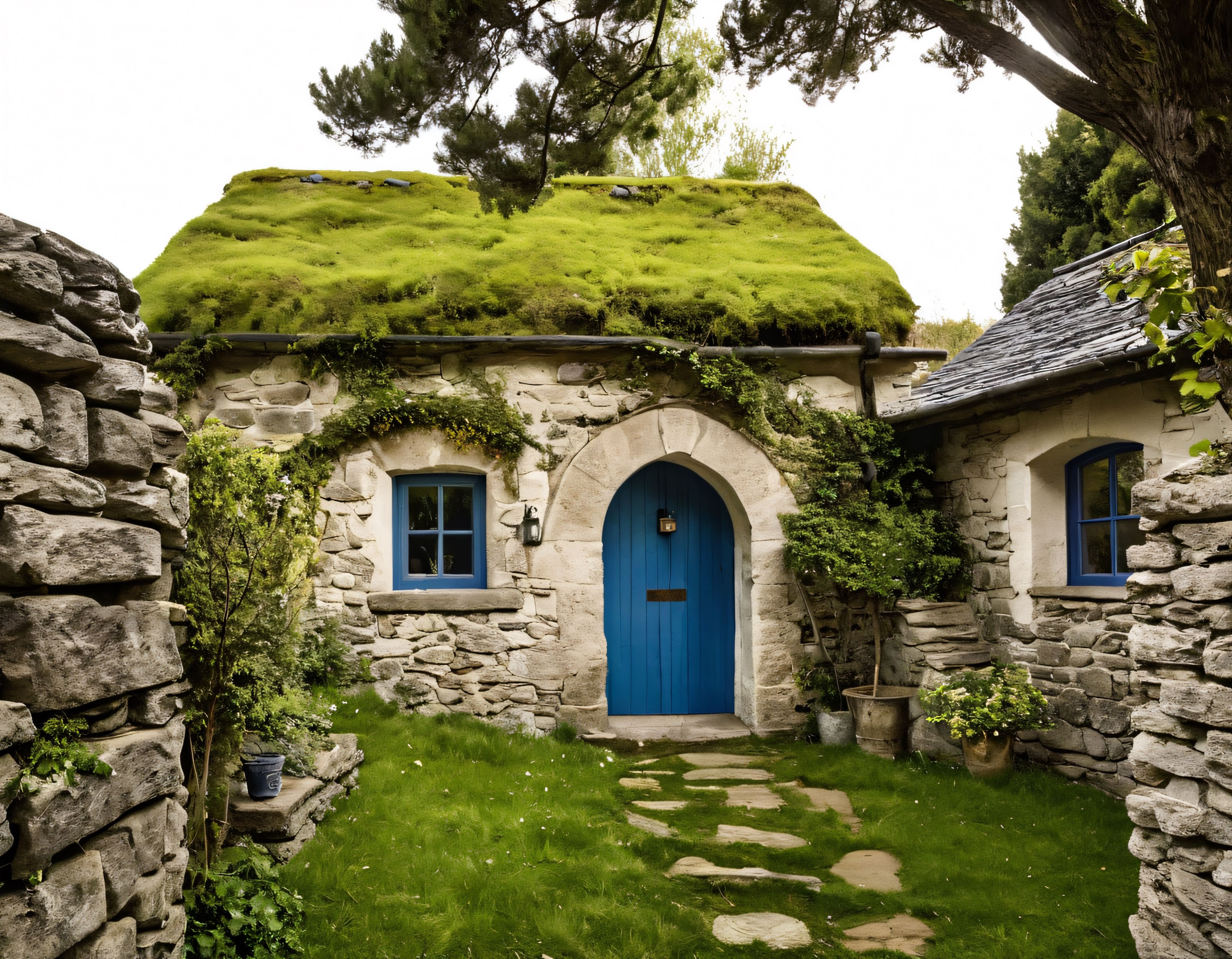 Taş Duvarlı Hobbit Evi: Yeşil Çatılı ve Mavi Kapılı Masalsı Bahçe Manzarası