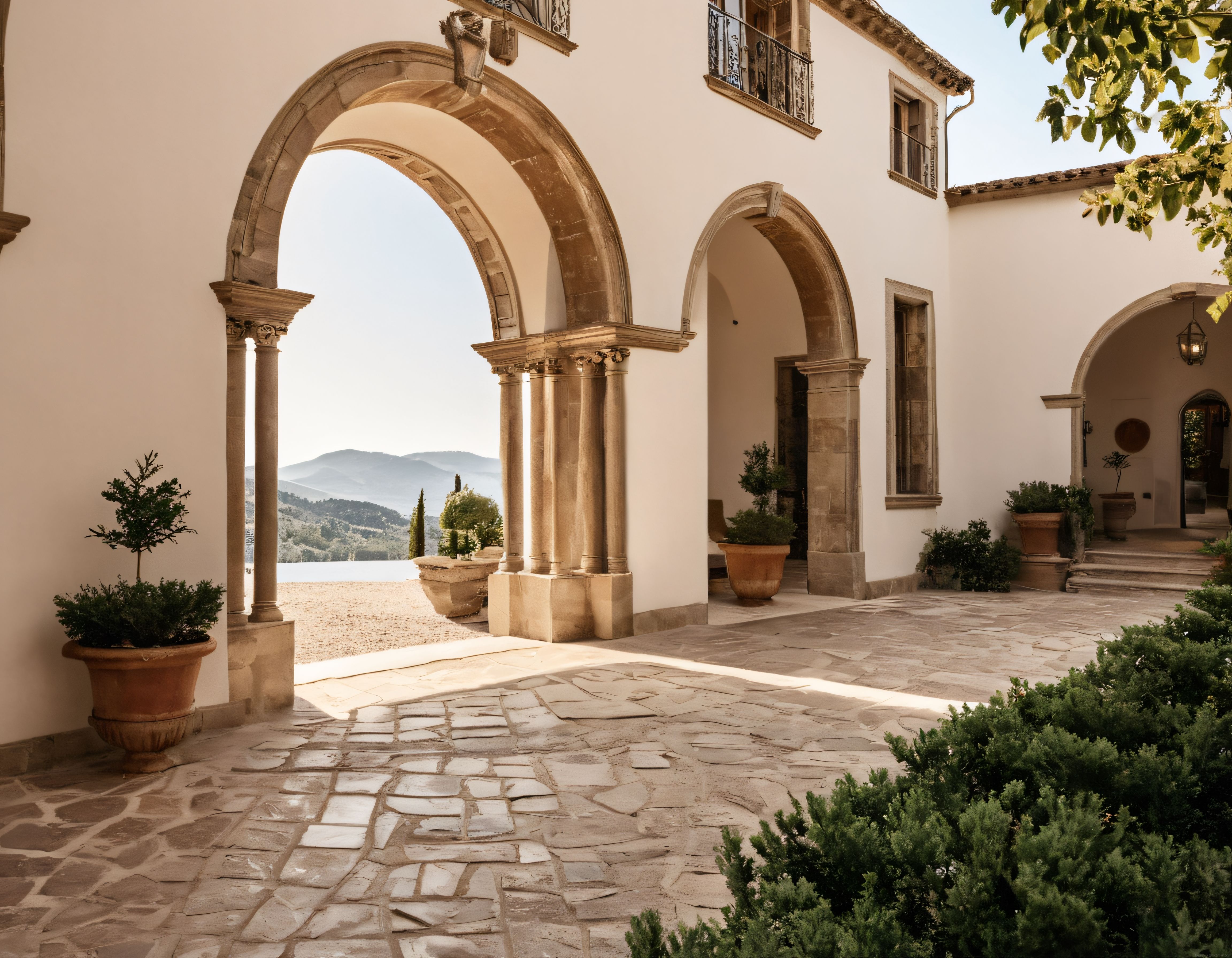 Taş kemerli villa avlusunda göl manzaralı akdeniz bahçe ve teras estetiği