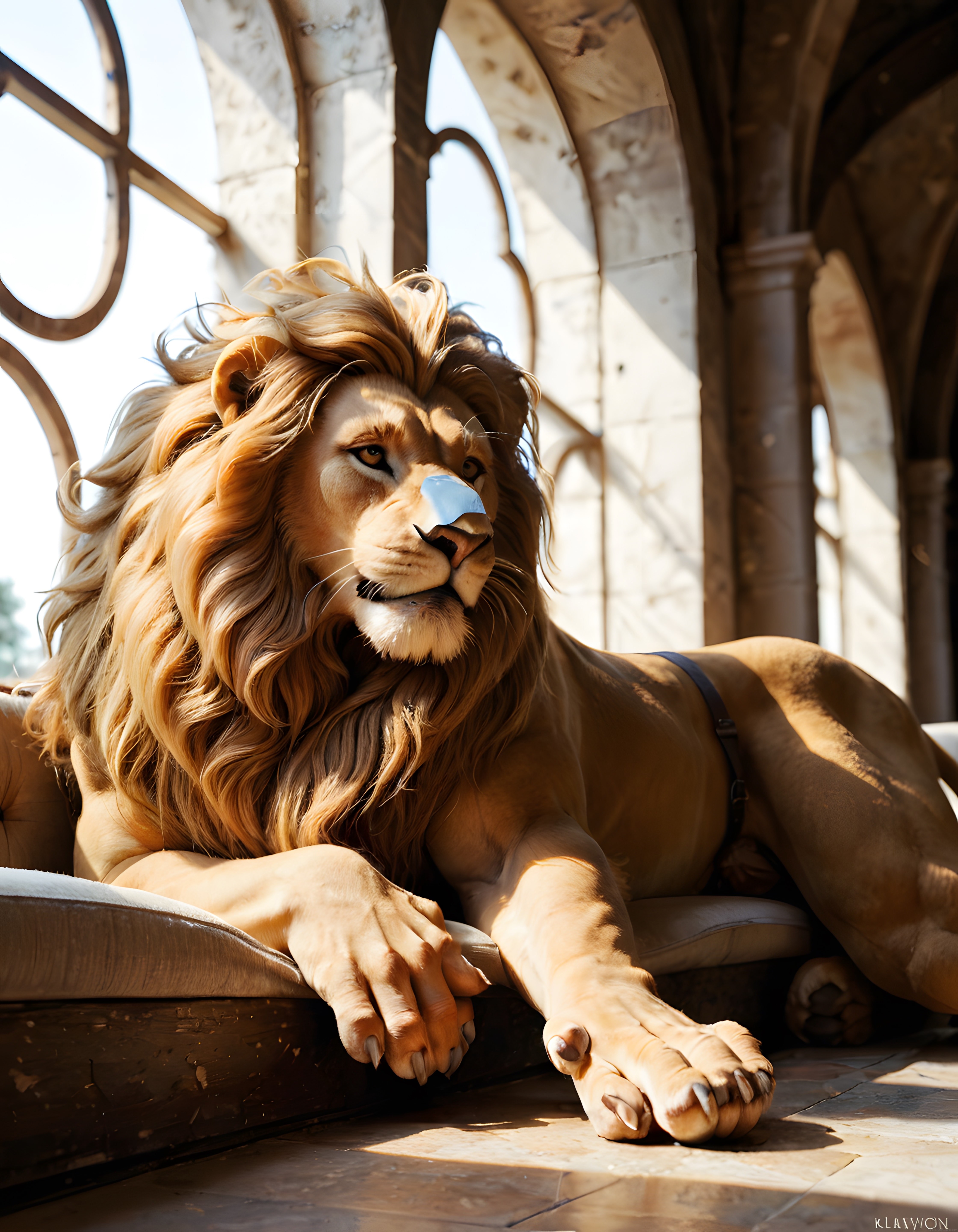 Taş şatoda pencereden bakan insanımsı aslan kral 3d render görseli