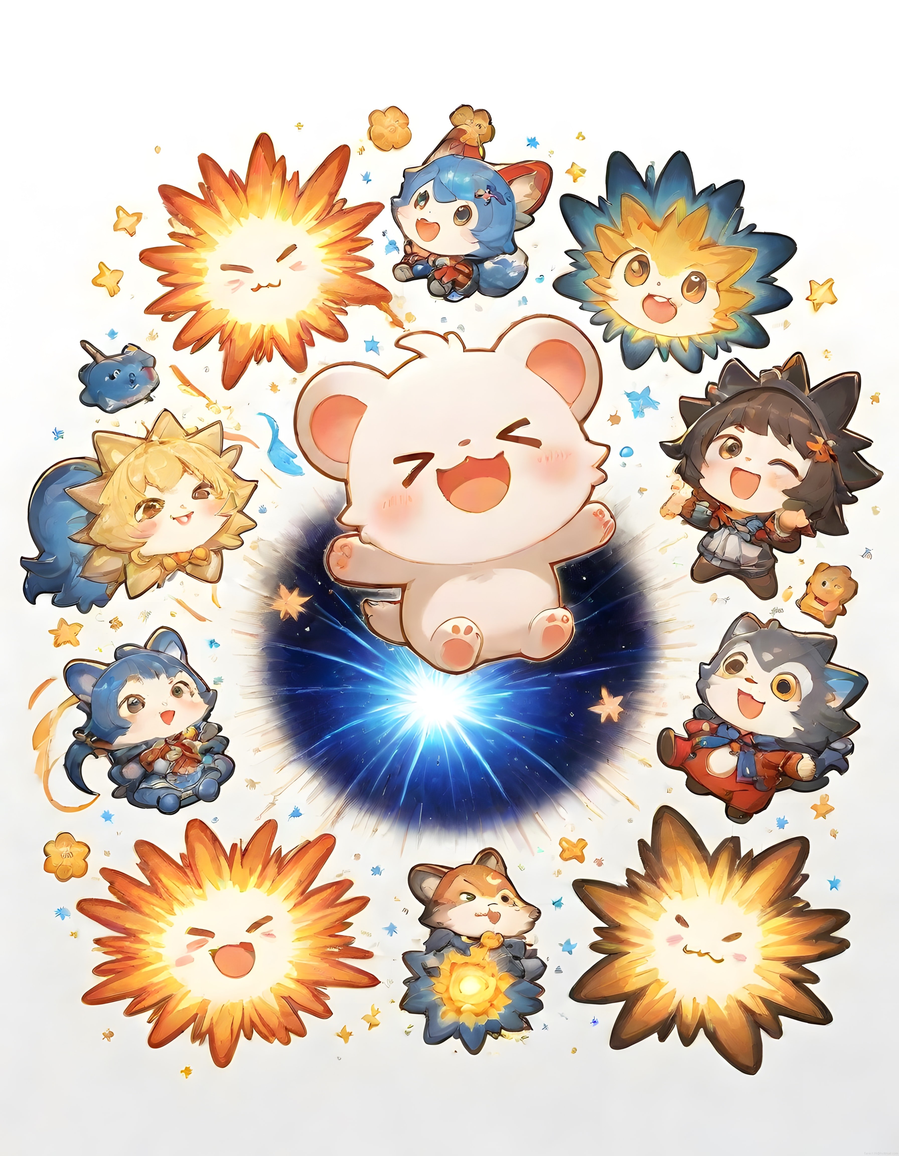 Tatlı Anime Figürleri ve Patlayan Çiçeklerle Dolu Renkli Bir Kutlama Anı