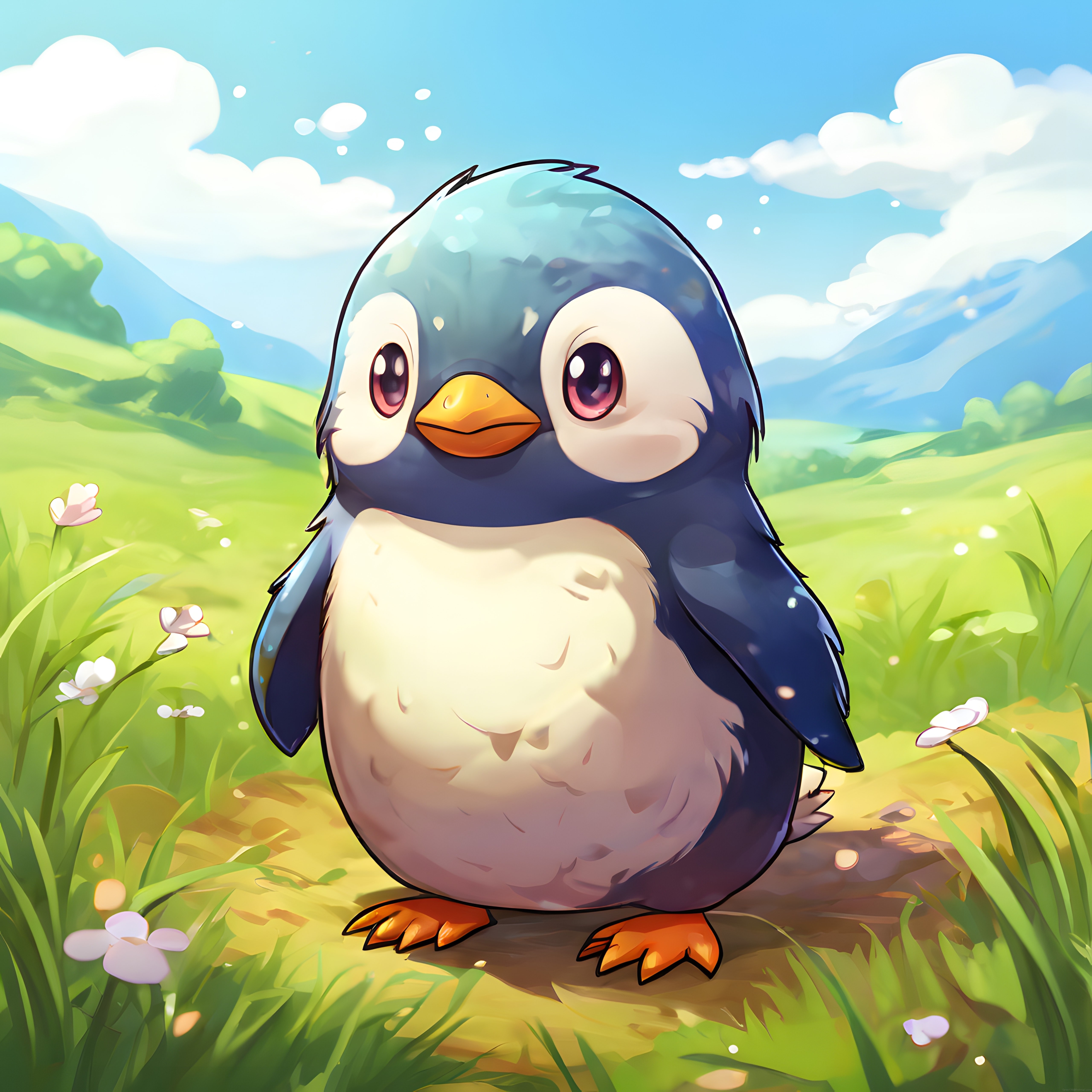 Tatlı Anime Penguen Karakteri: Çiçekli Tarlada Sevimli Yavru Kuş İllüstrasyonu