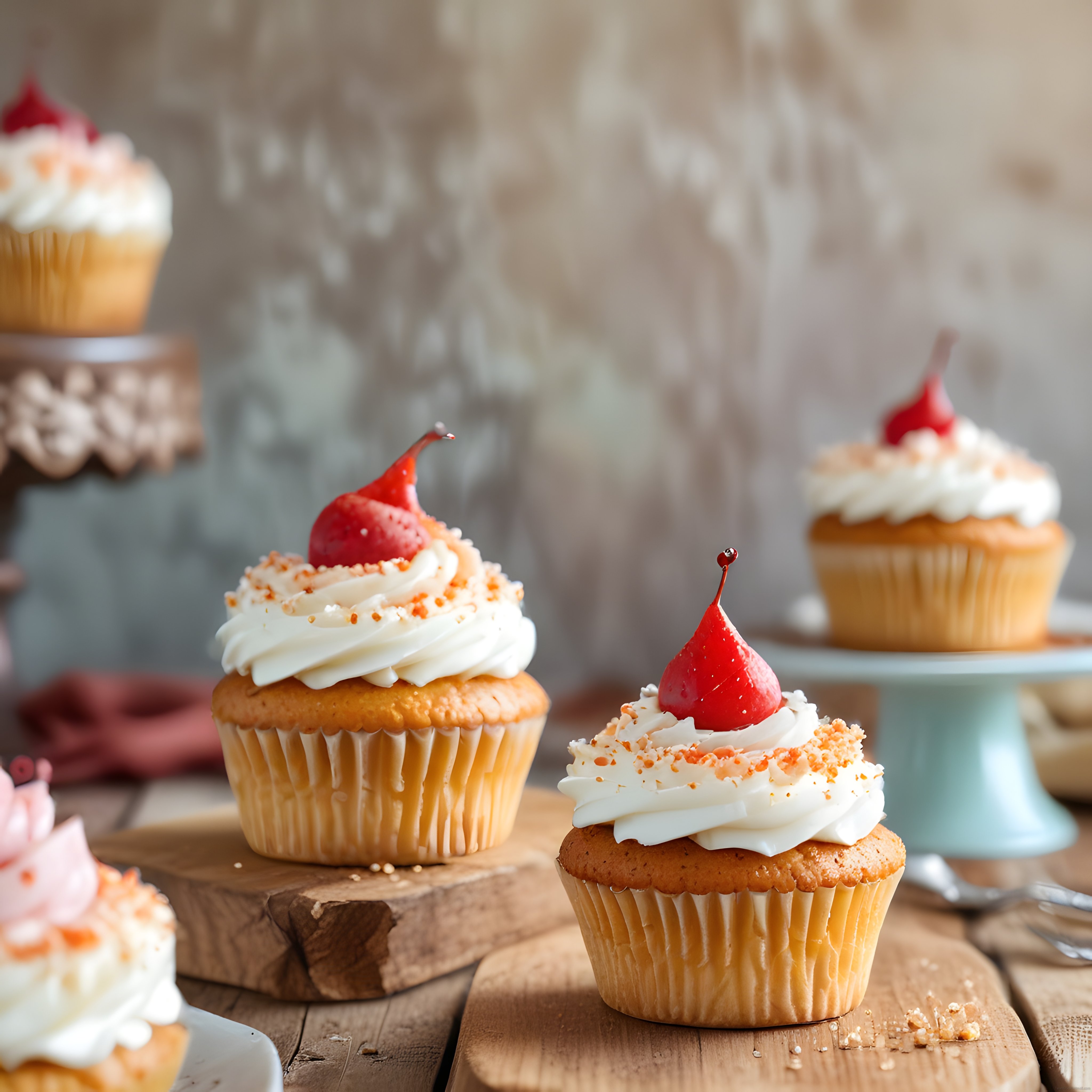 Tatlı Krizinin Vazgeçilmezi: Krema ve Kirazlı Cupcake'ler Rustik Sunumda
