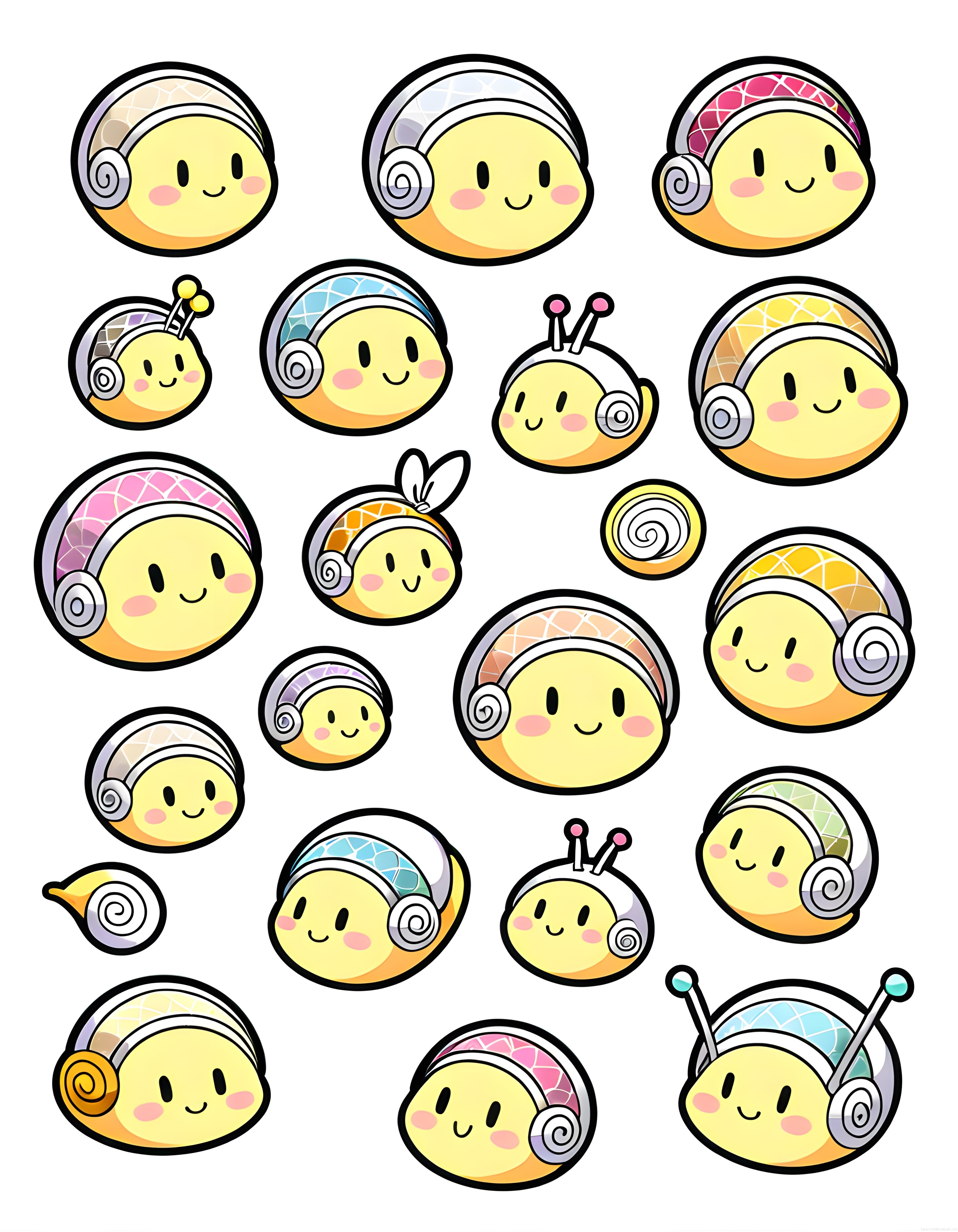 tatlı ve renkli kulaklıklı salyangoz sticker seti: kawaii karakter tasarımları