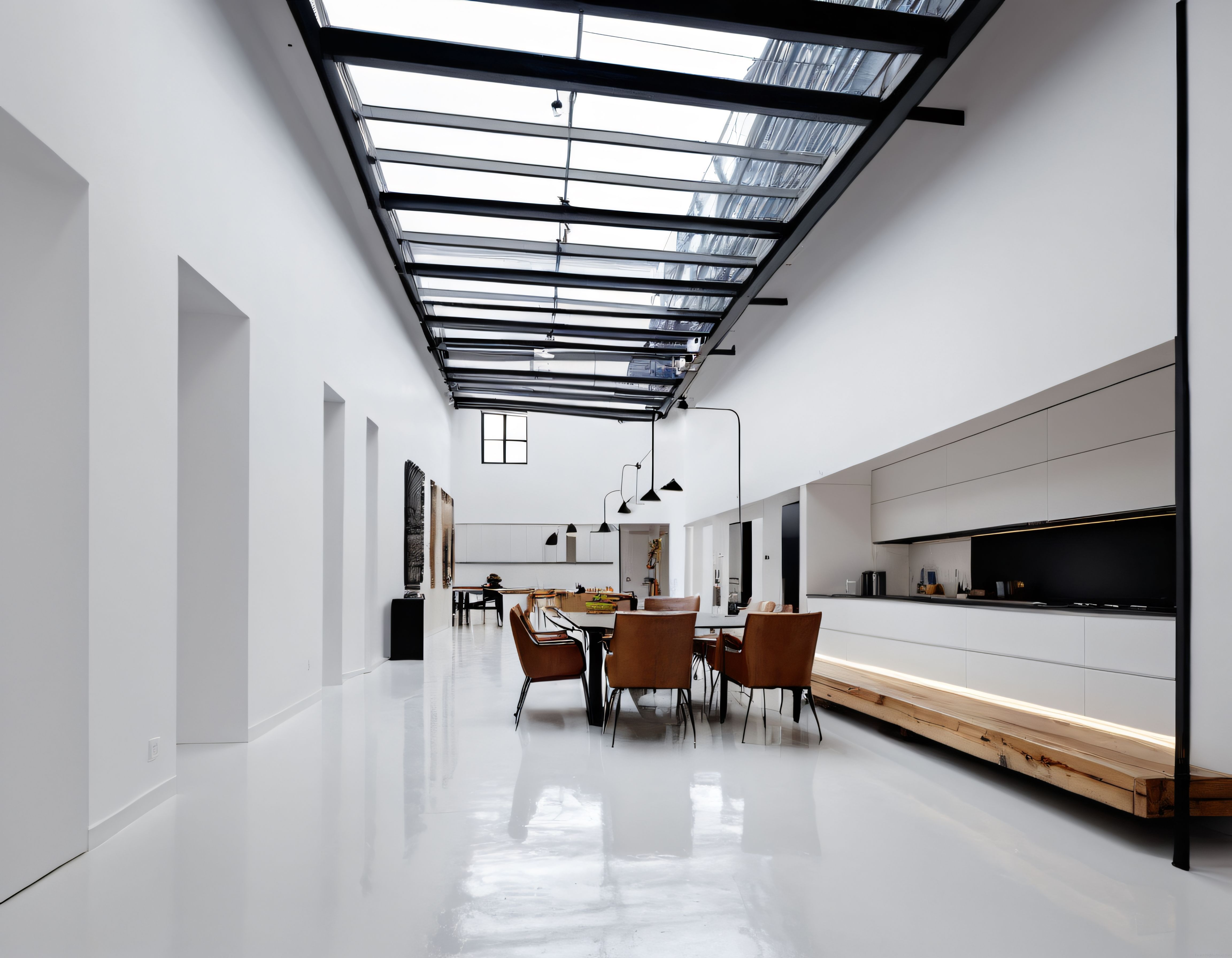 Tavanı Camla Kaplı Modern Beyaz Salon ve Açık Mutfak Dekorasyonu