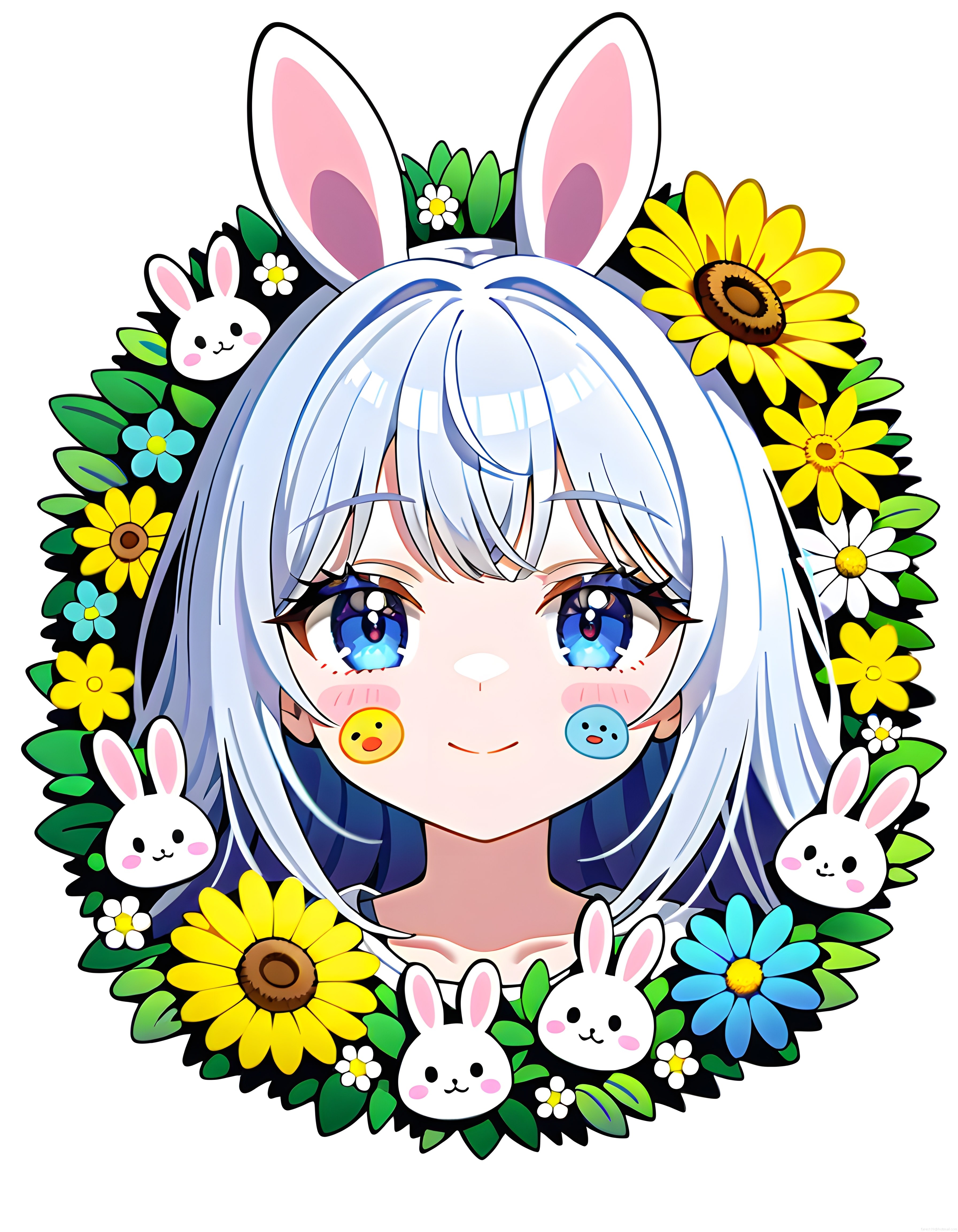 Tavşan kulaklı anime karakter ve çiçeklerle bezeli sevimli dijital çizim