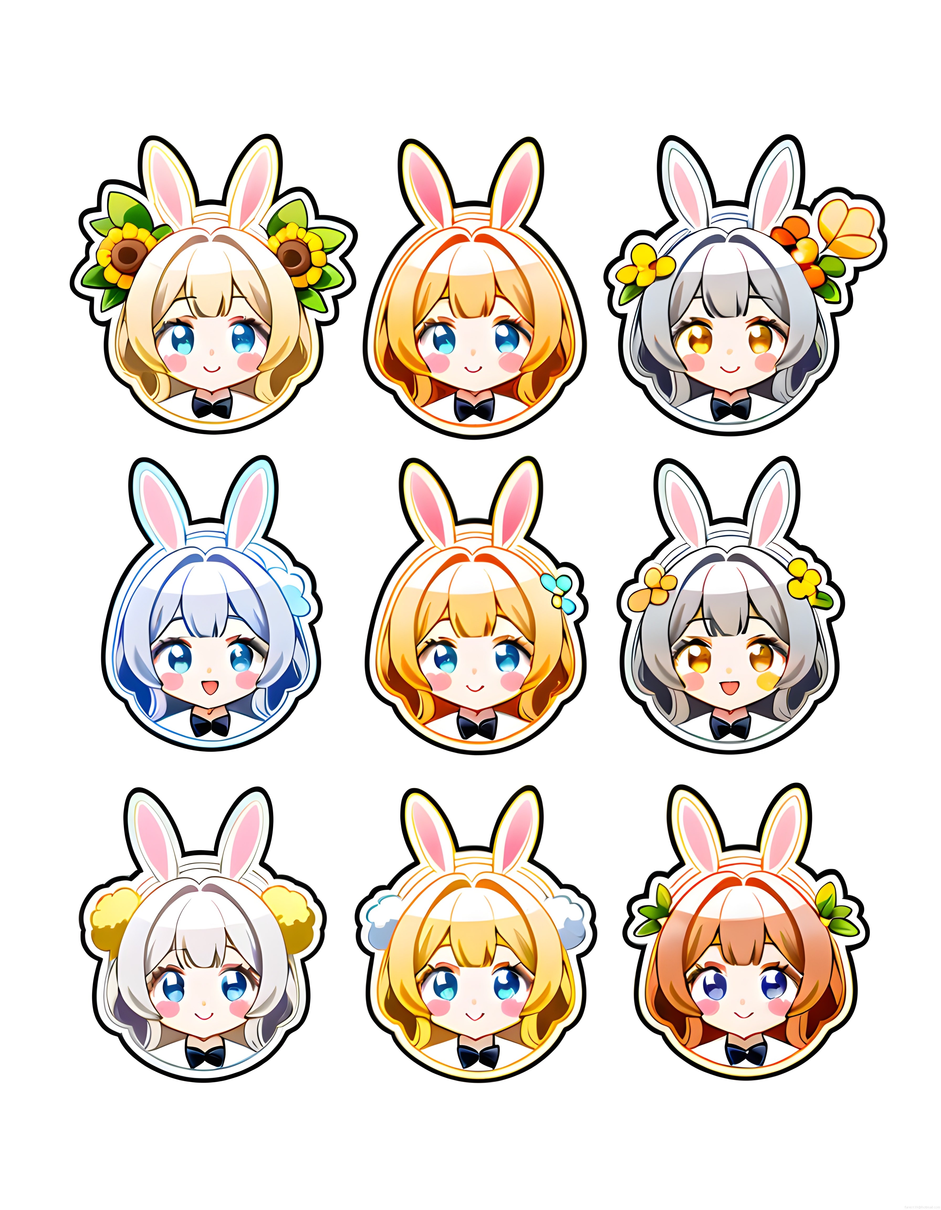 Tavşan Kulaklı Chibi Kız Karakter Çıkartma Seti ve Anime Avatar Koleksiyonu