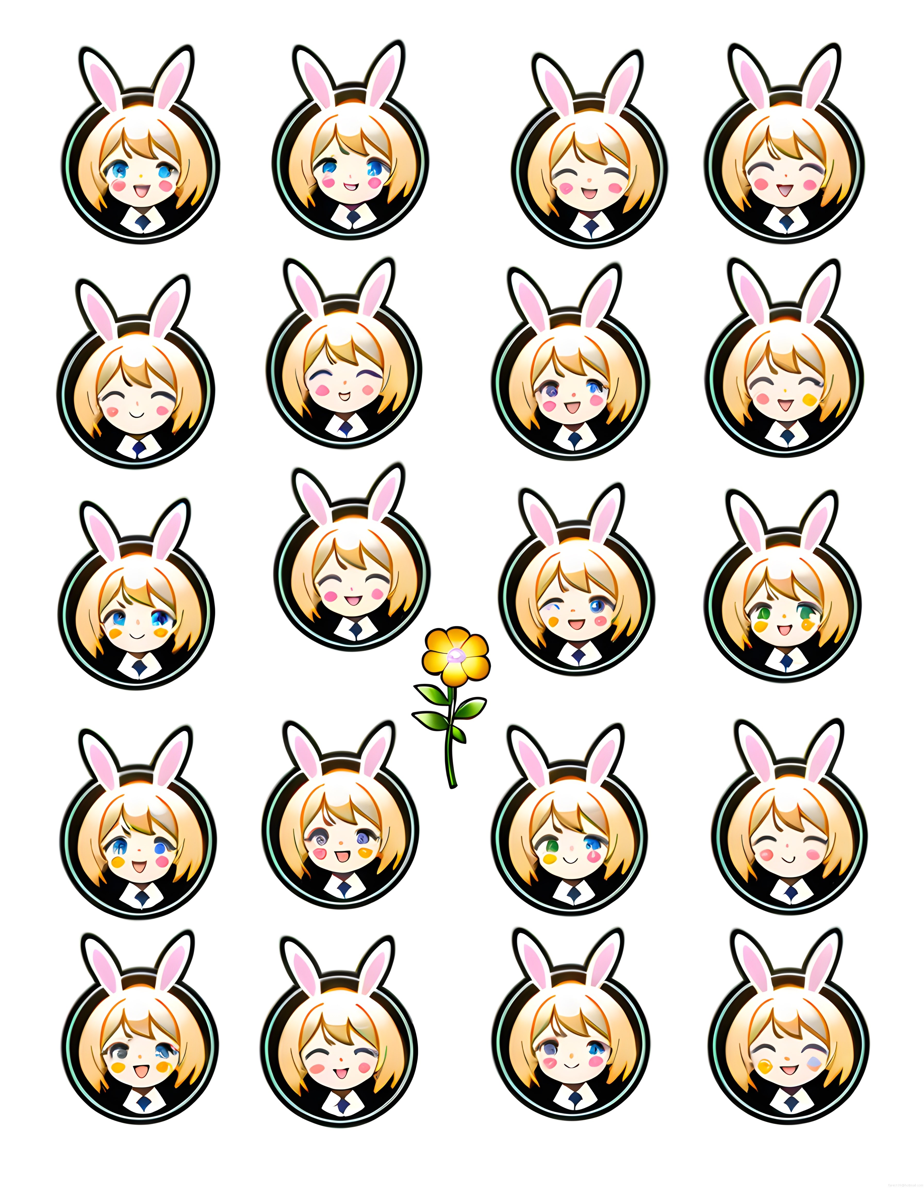 Tavşan kulaklı kawaii kız karakteri dijital avatar ifade varyasyonları seti