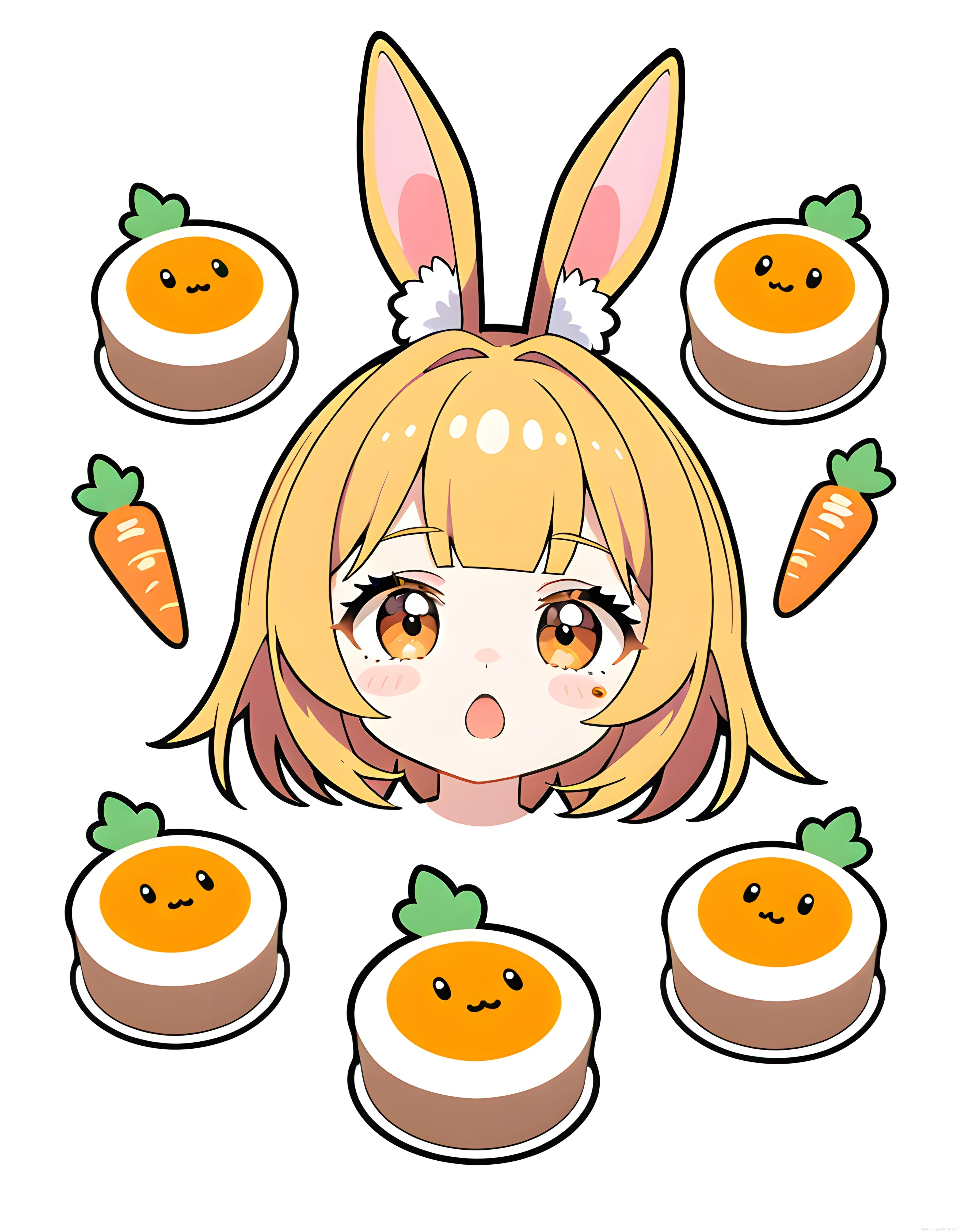Tavşan Kulaklı Sevimli Chibi Karakter ve Havuç Temalı Sushi Dijital Çizim