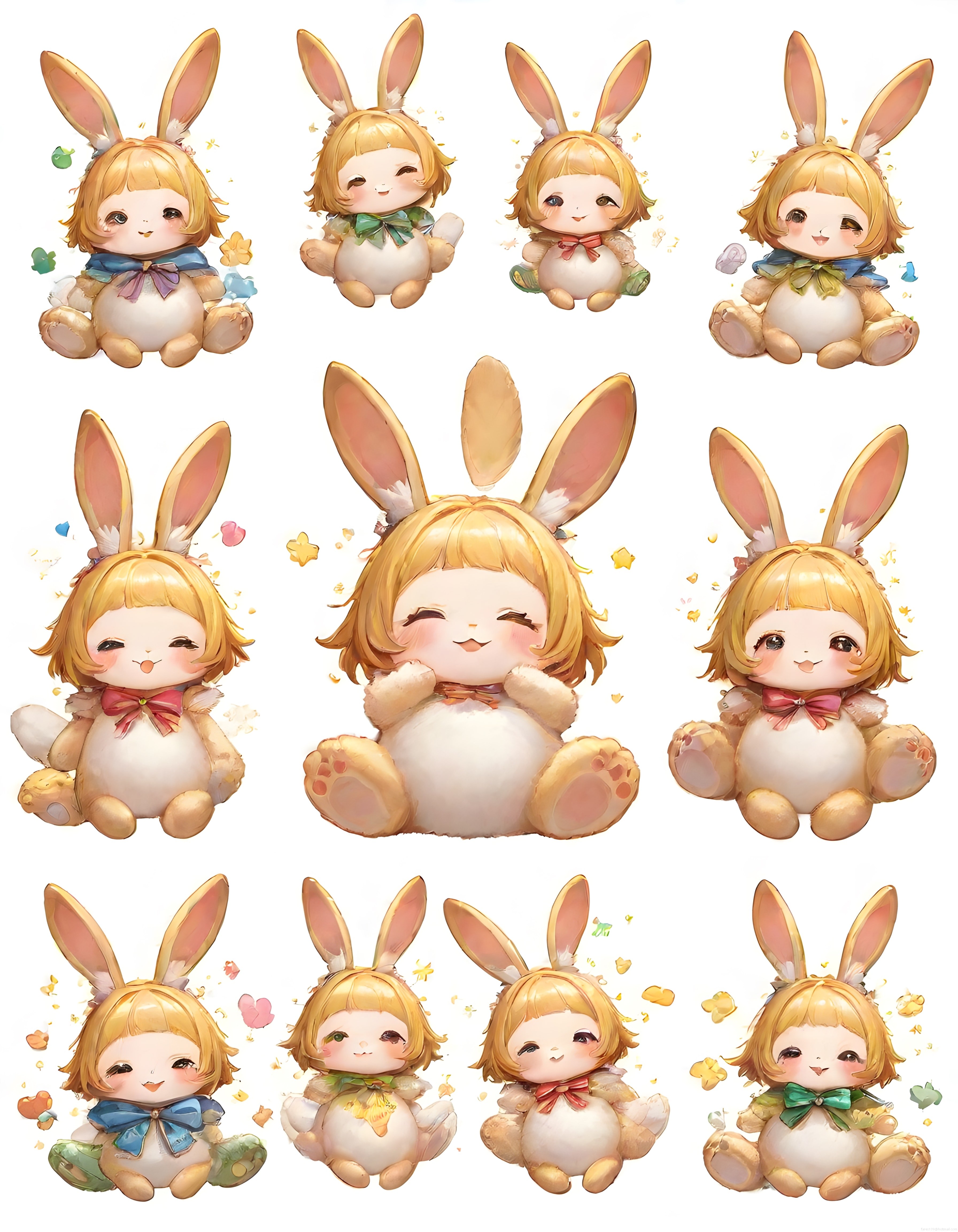 Tavşan kulaklı sevimli chibi karakterler farklı poz ve ifadelerde dijital sanat