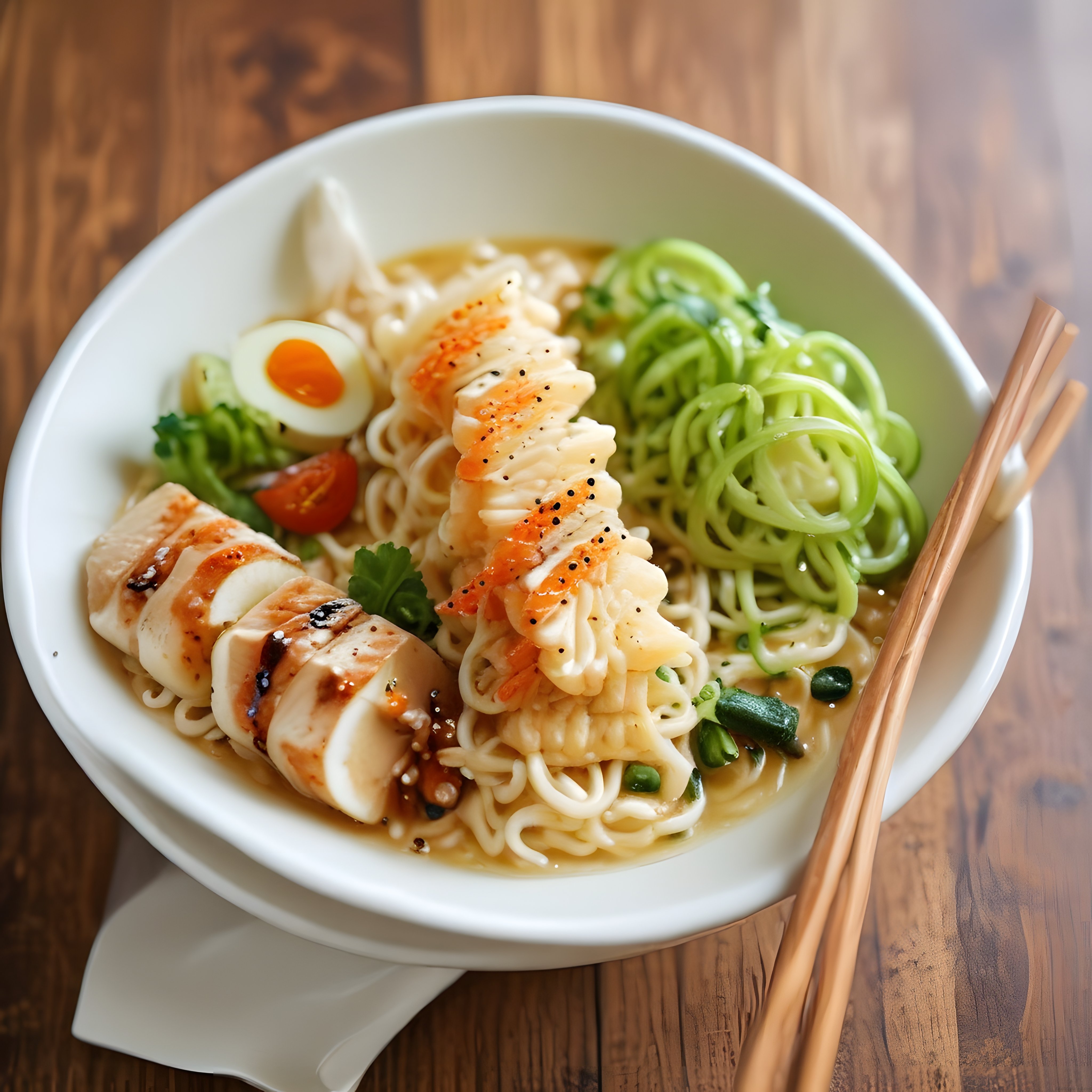 tavuk göğsü haşlanmış yumurta ve yeşil sebzelerle süslenmiş lezzetli ramen kasesi